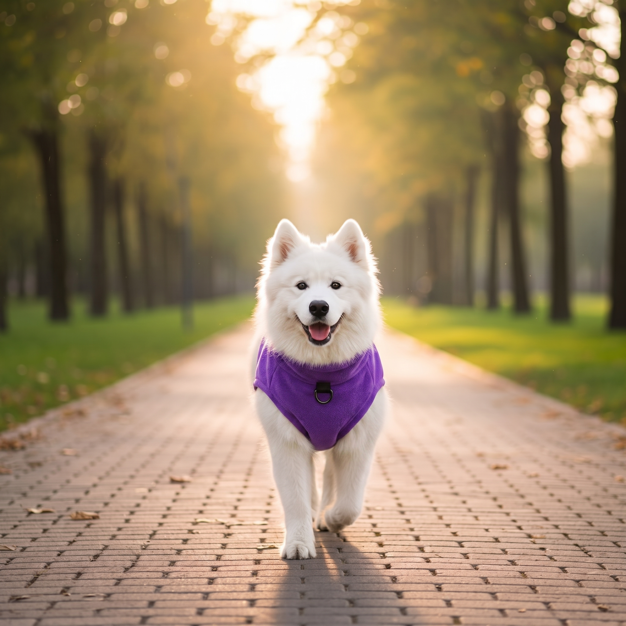 Samoyed wearing the purple Toasty fleece dog sweater on a sunlit path