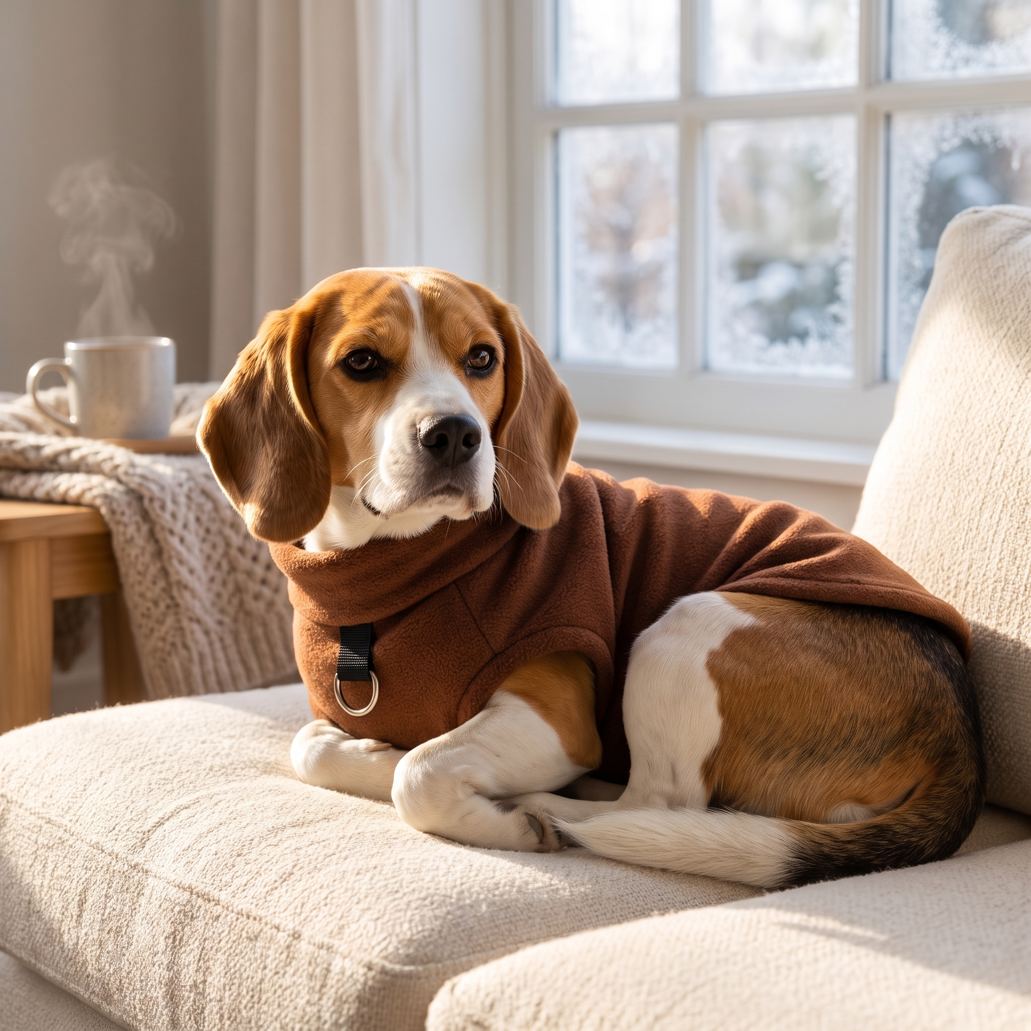 Beagle in the brown Toasty fleece dog sweater resting cozy by a frosty window