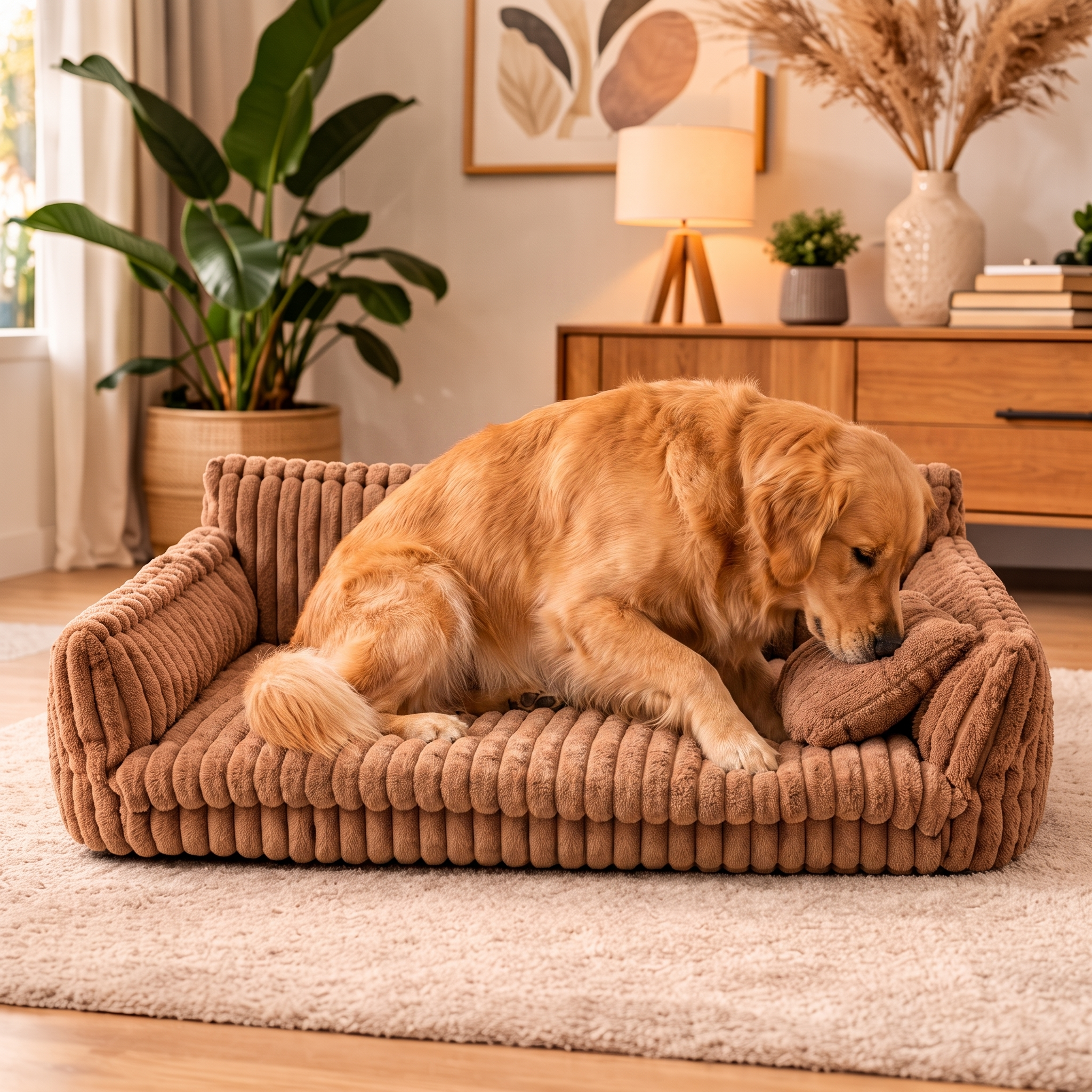 Dog settling into the camel Snooze orthopedic dog sofa bed in a bright living room