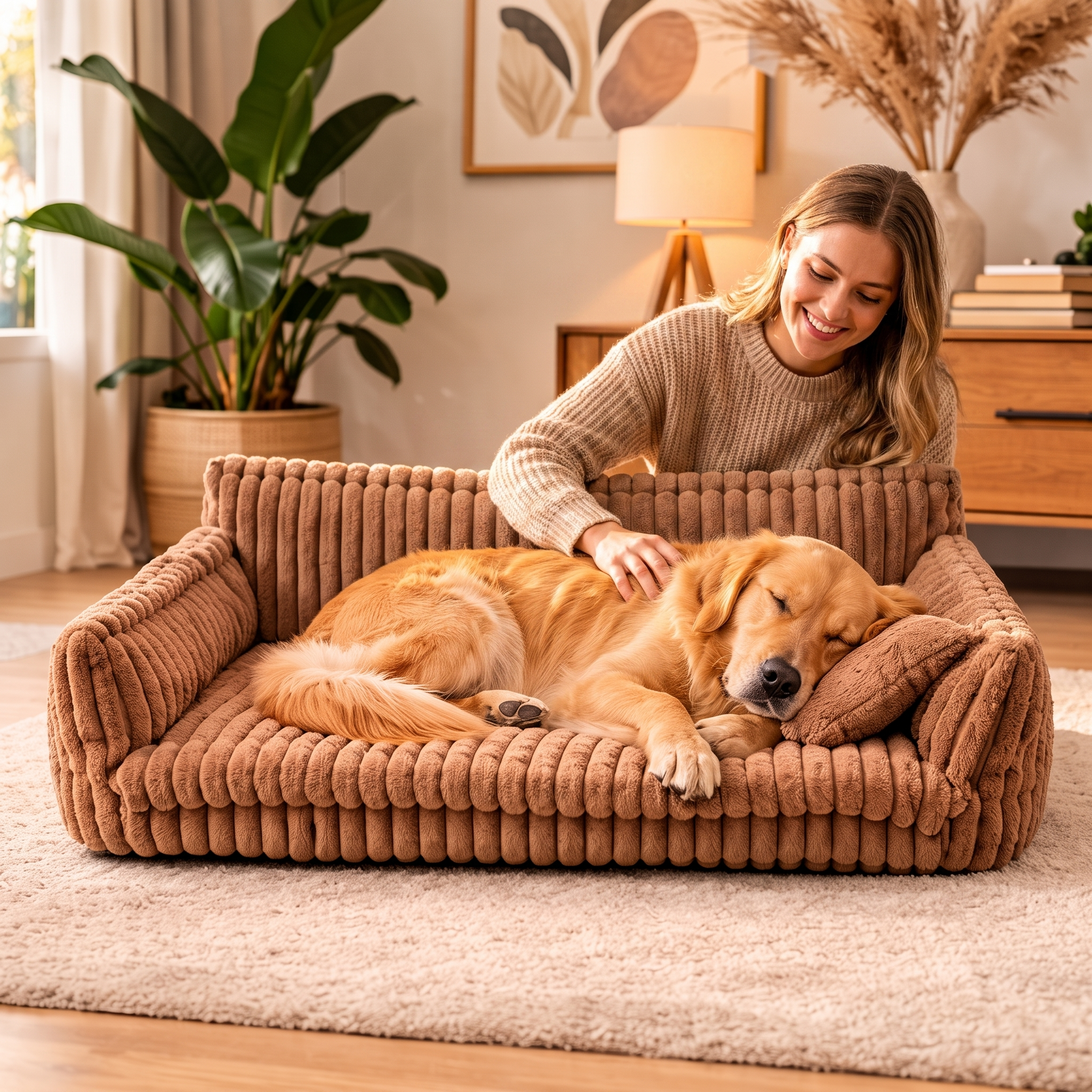Woman relaxing with her golden retriever asleep in the camel Snooze orthopedic dog sofa bed