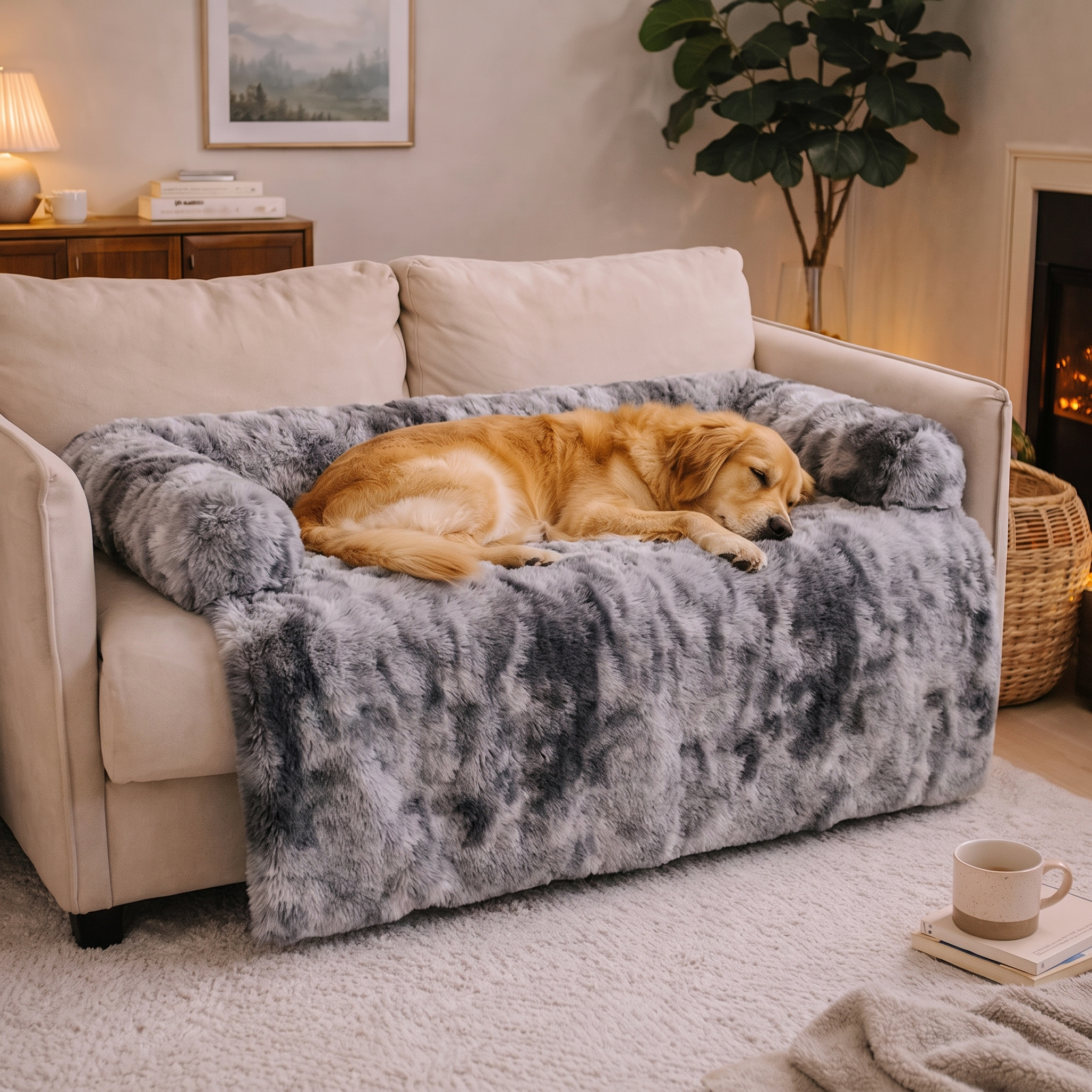 Golden retriever resting on the tie-dye grey Hush calming dog sofa protector