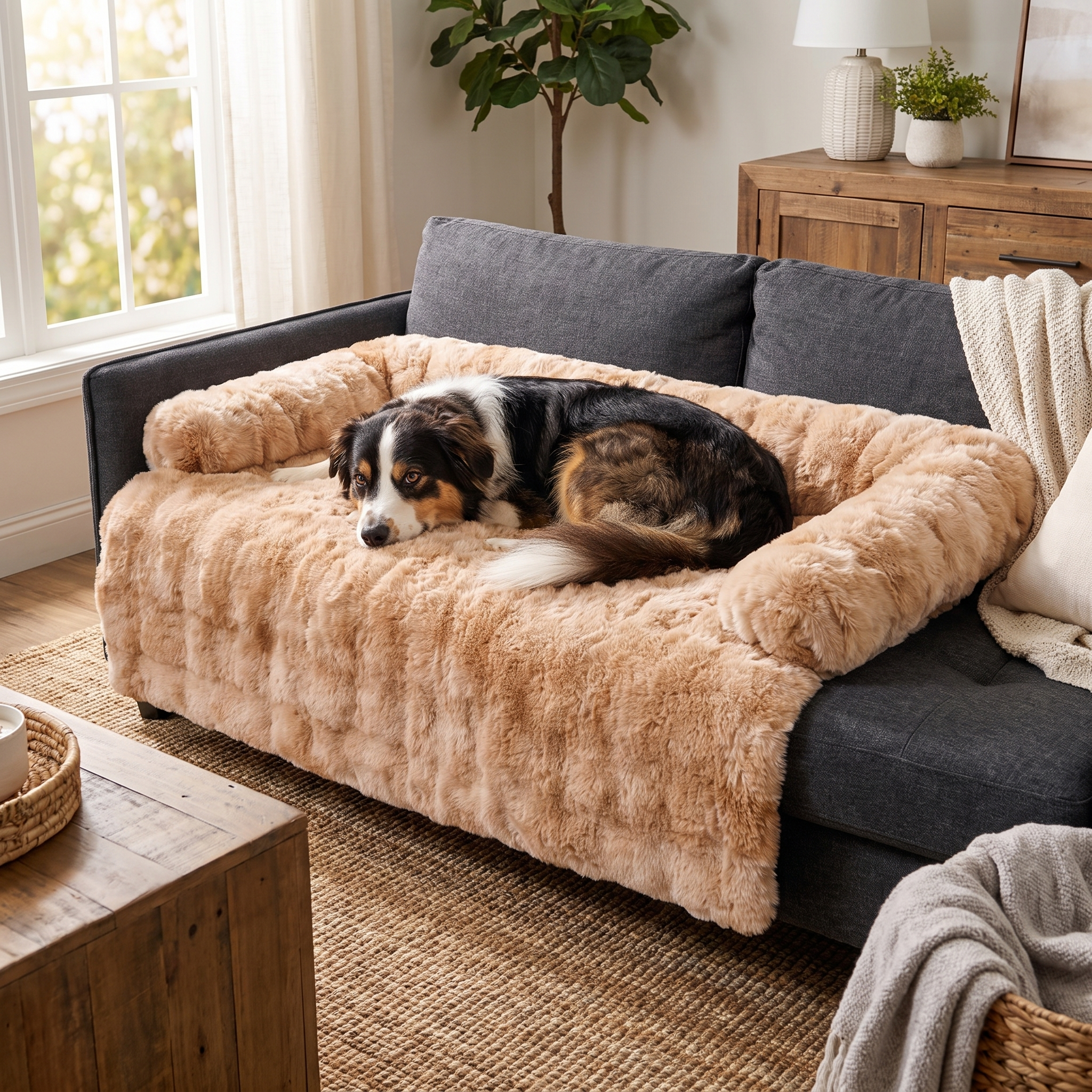 Dog settling onto the camel Hush calming dog sofa protector draped over a couch
