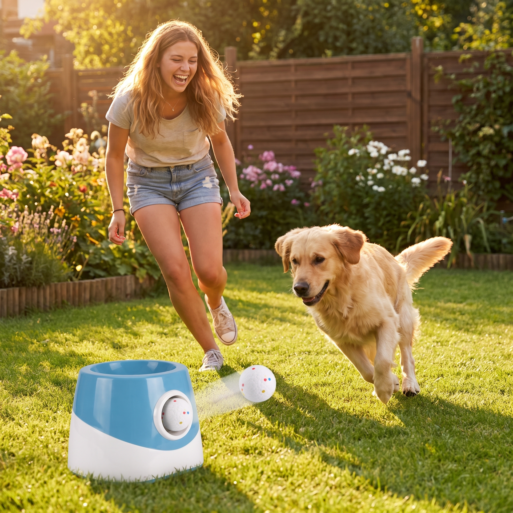 Woman playing fetch with her golden retriever as a ball fires from the front of the Rally automatic ball launcher