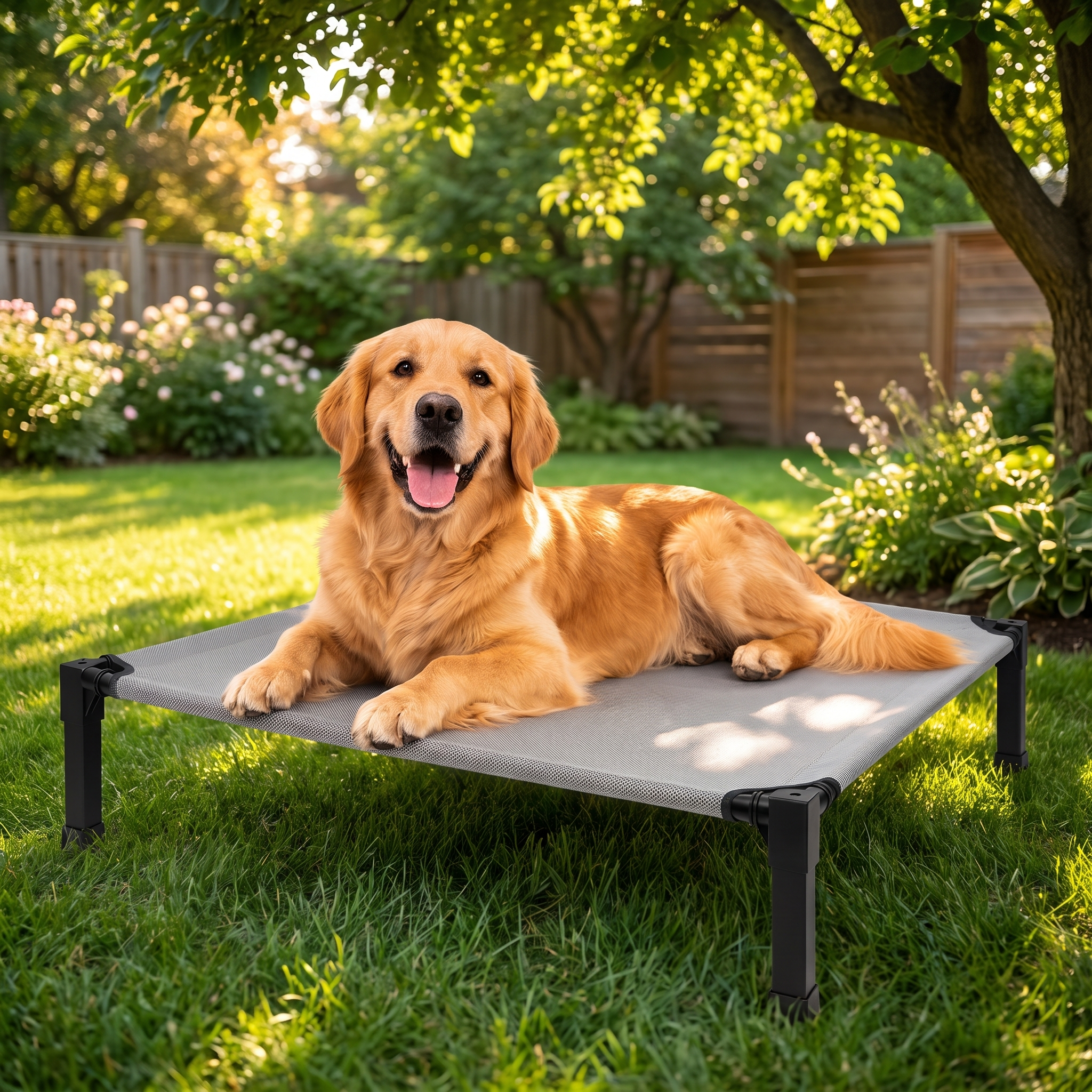 Golden retriever lounging cool on the Perch elevated cooling dog bed on a shaded lawn