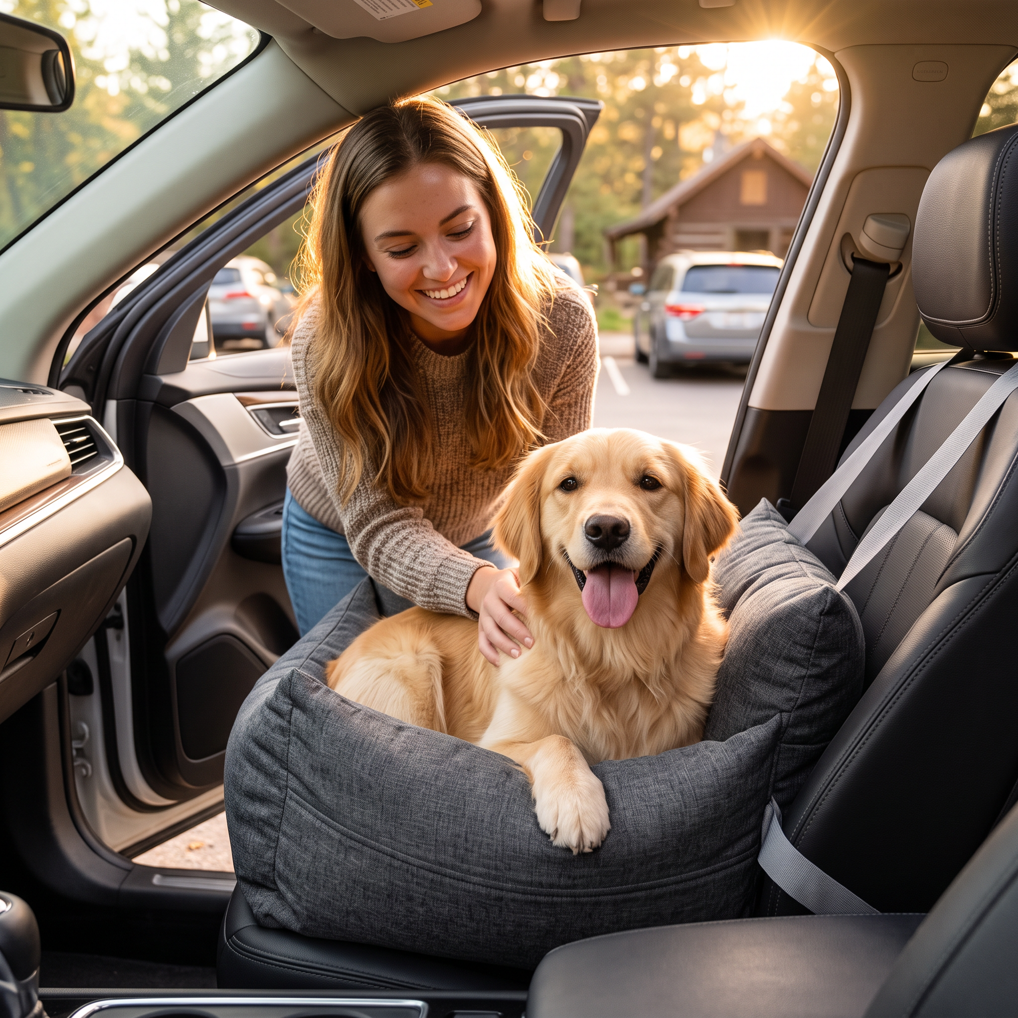 Woman smiling beside her golden retriever nestled in the charcoal-grey Roam Waterproof Dog Car Seat Bed on a car back seat