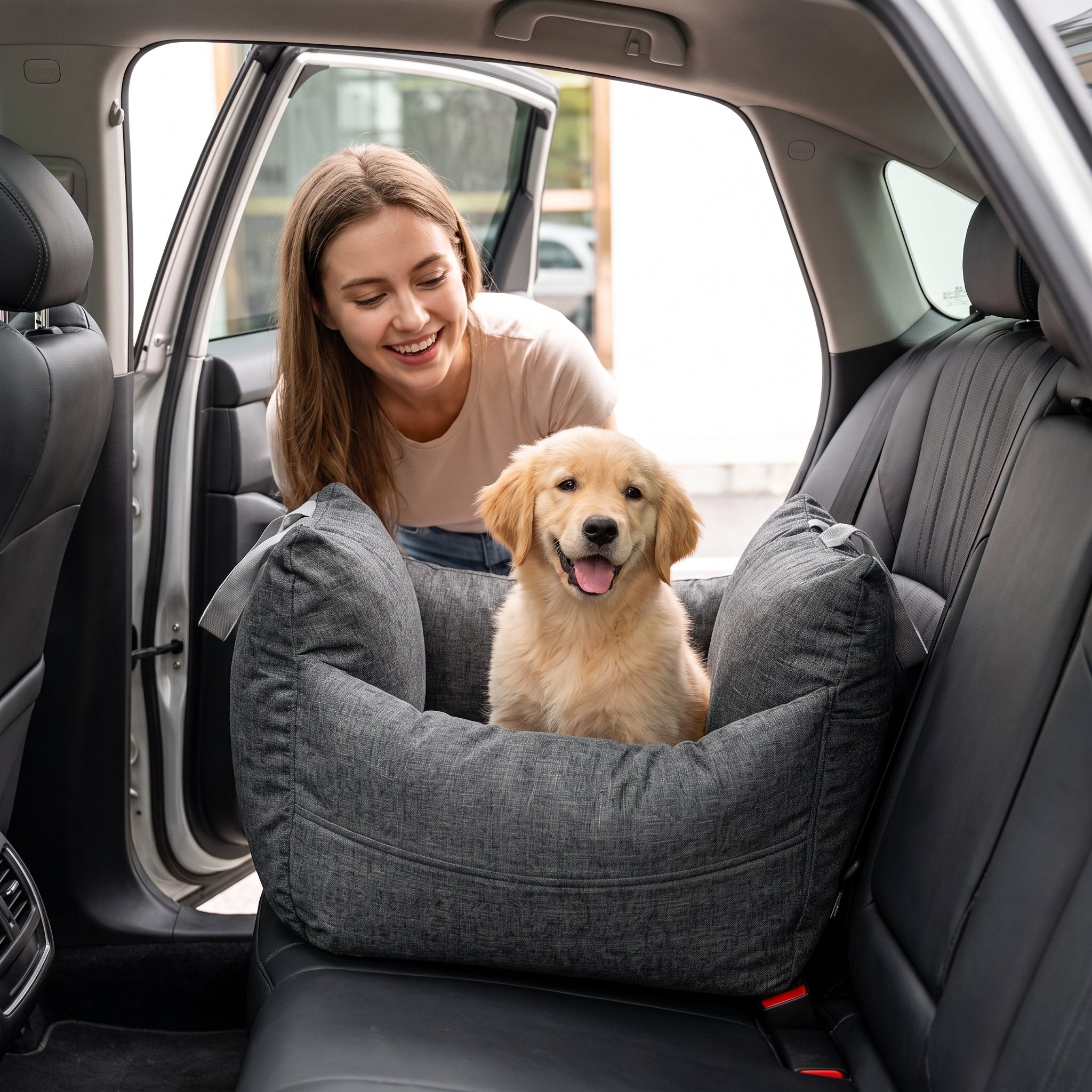 Woman kneeling at an open car door smiling at her golden retriever puppy in the charcoal-grey Roam Waterproof Dog Car Seat Bed