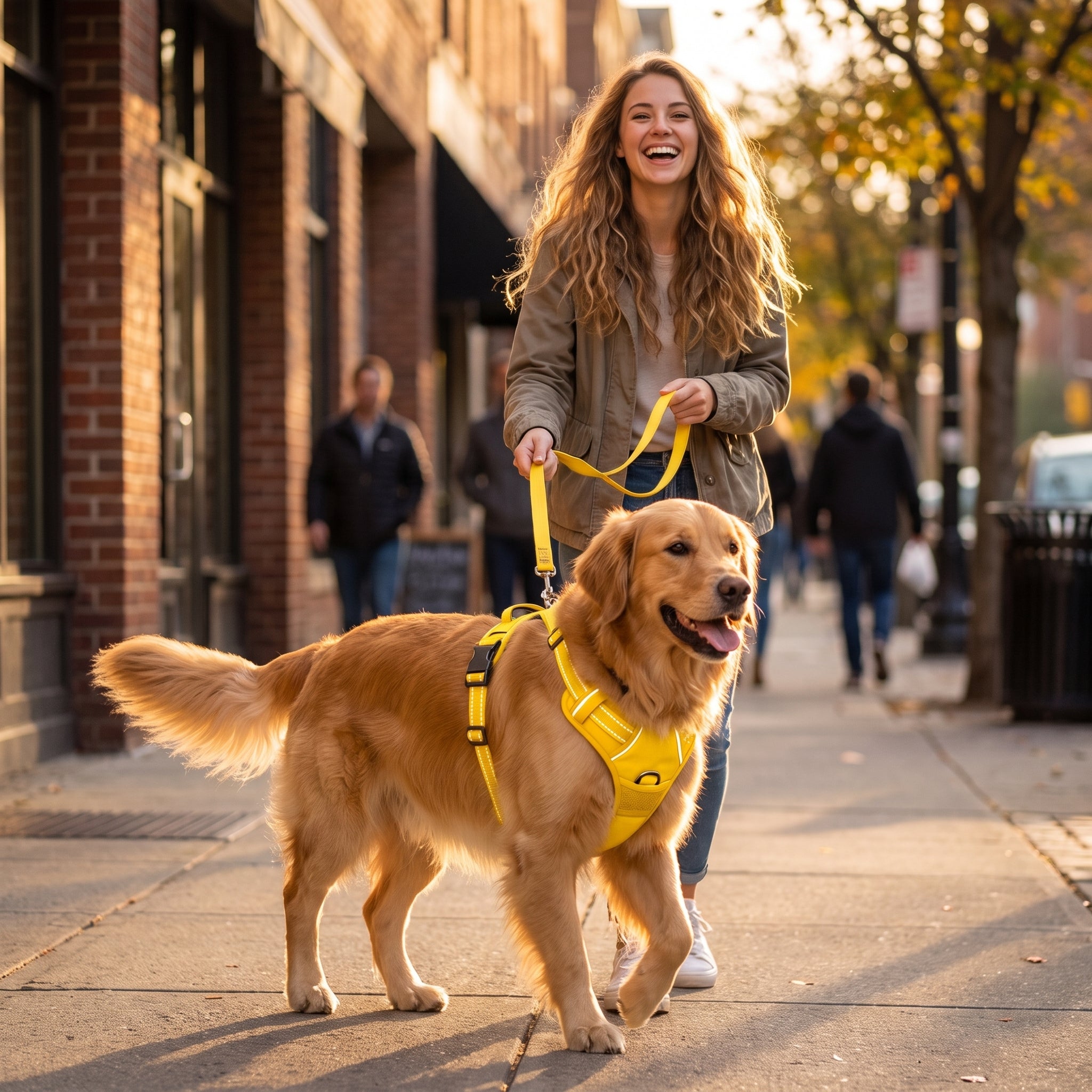 Woman walking her golden retriever in the yellow Beacon Reflective Dog Harness on a city sidewalk at golden hour