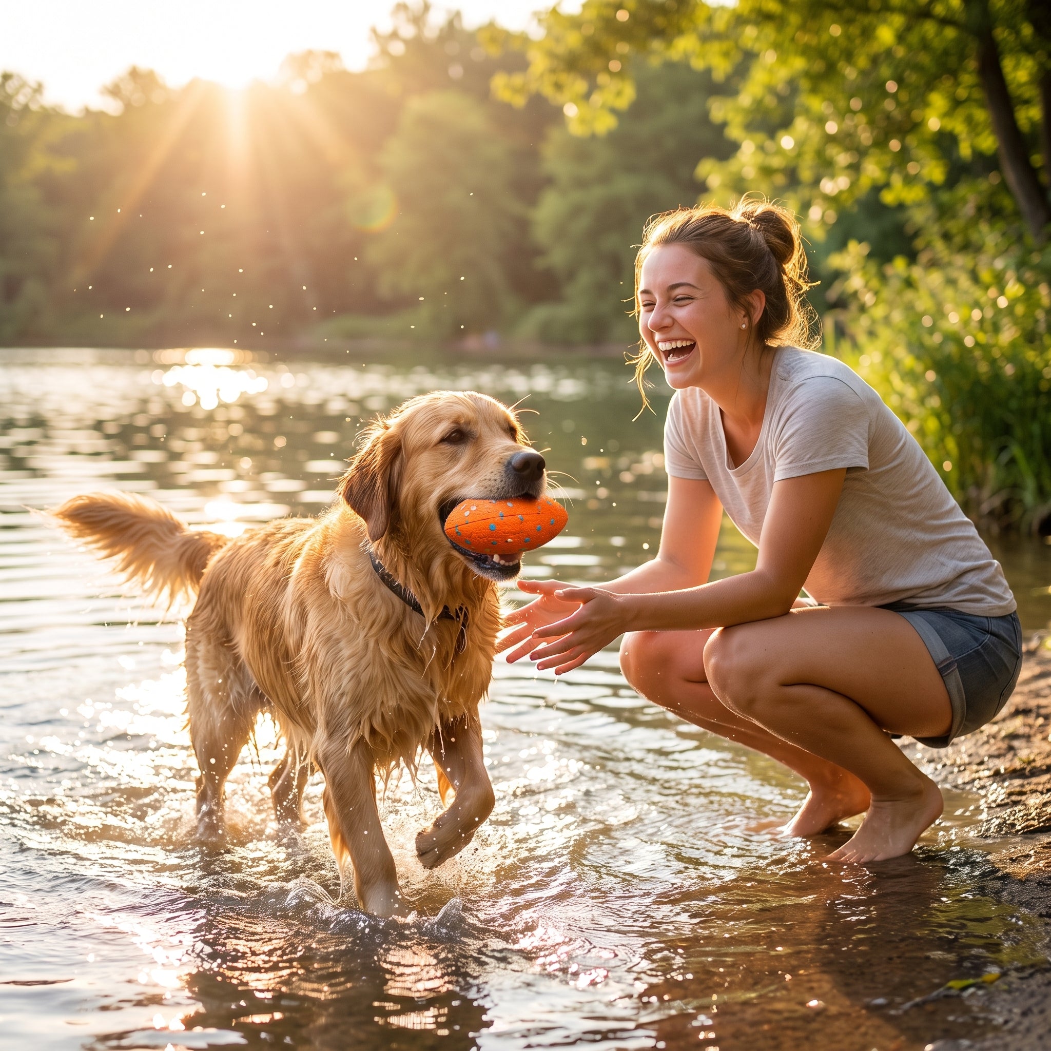 Woman at a lake as her wet golden retriever brings back the orange Blitz Rugged Dog Football