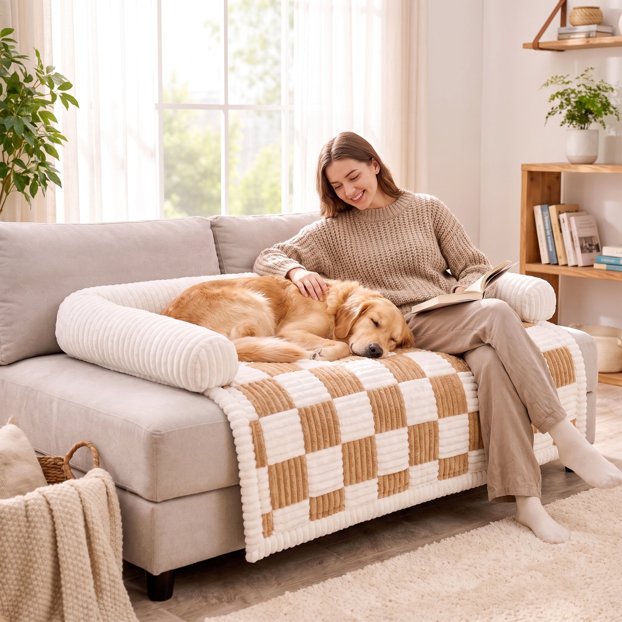 Woman reading on the sofa with her golden retriever curled up beside her on the Hearth Checkered Dog Sofa Cover