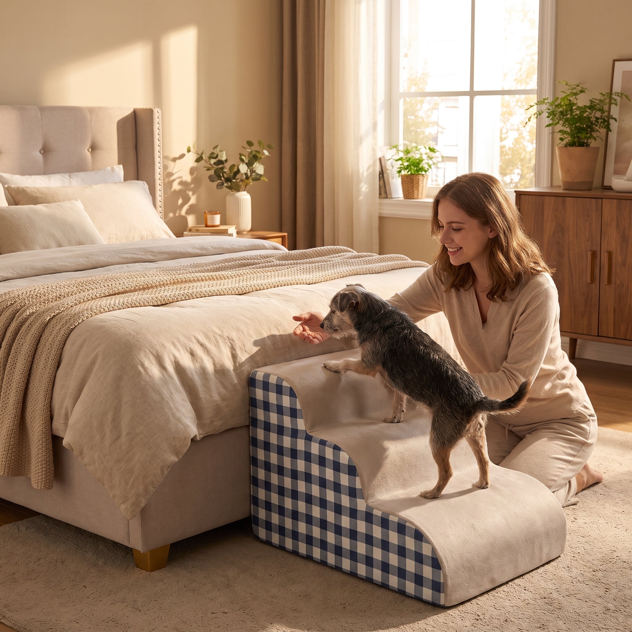 Woman encouraging her small dog up the blue checkered Hop Foam Dog Stairs to the bed