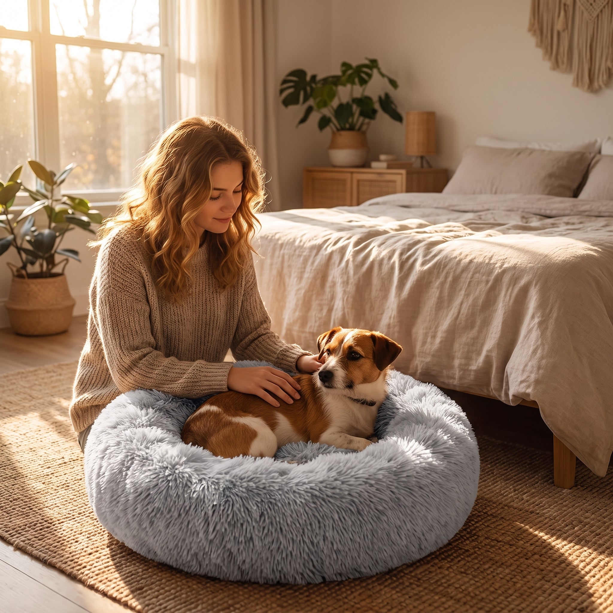 Woman petting her small dog relaxing in the grey Burrow Calming Donut Dog Bed