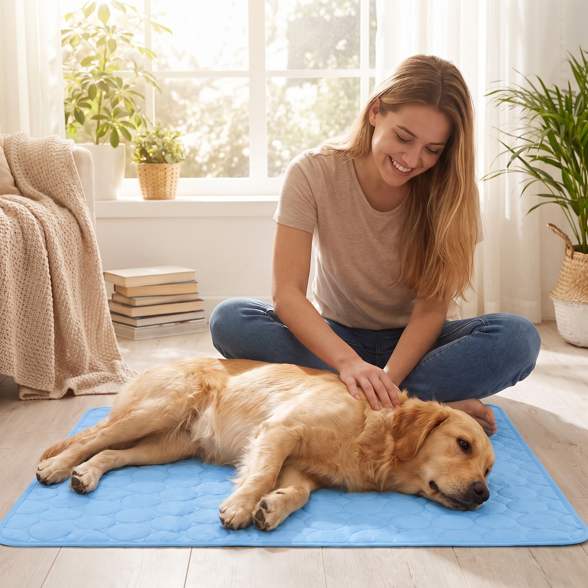 Woman relaxing beside her dog on the Shade cooling dog mat at home