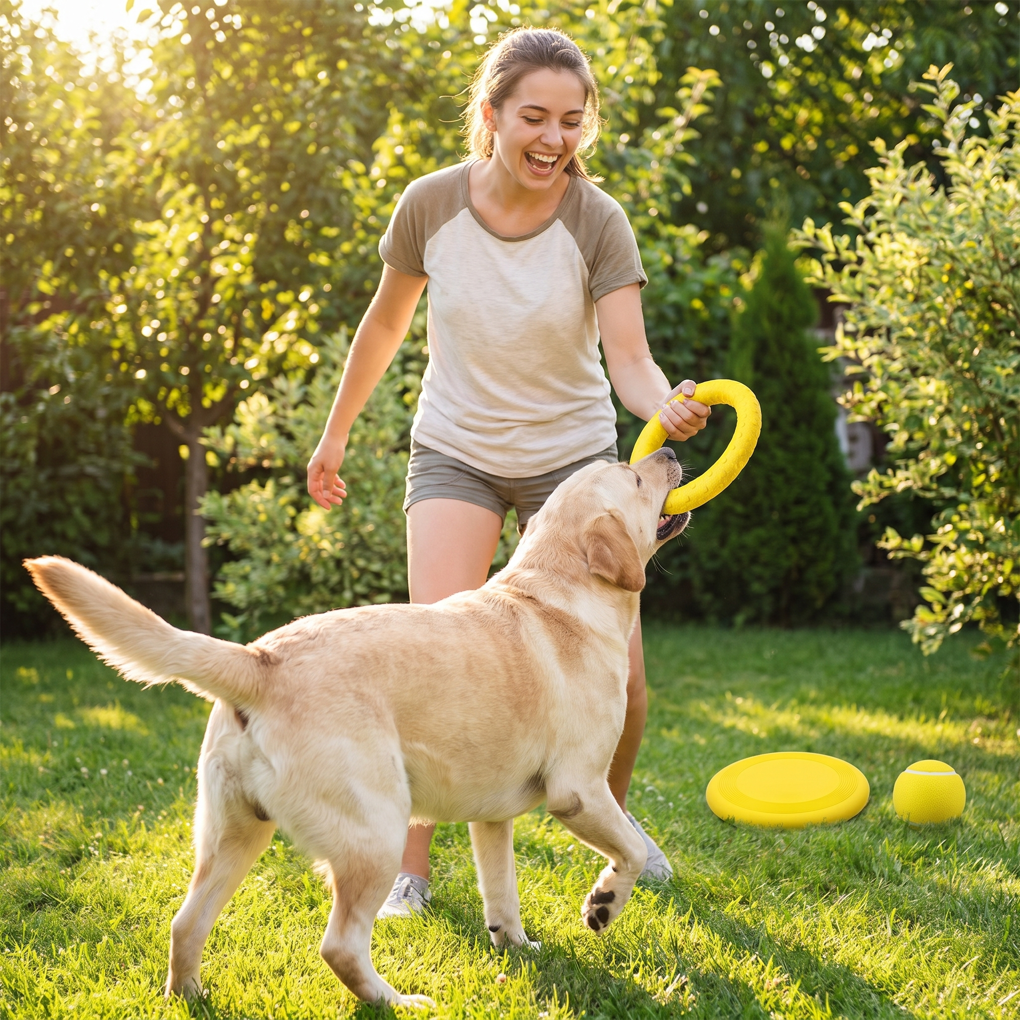Woman playing fetch and tug with her dog using the Romp EVA toys in the backyard