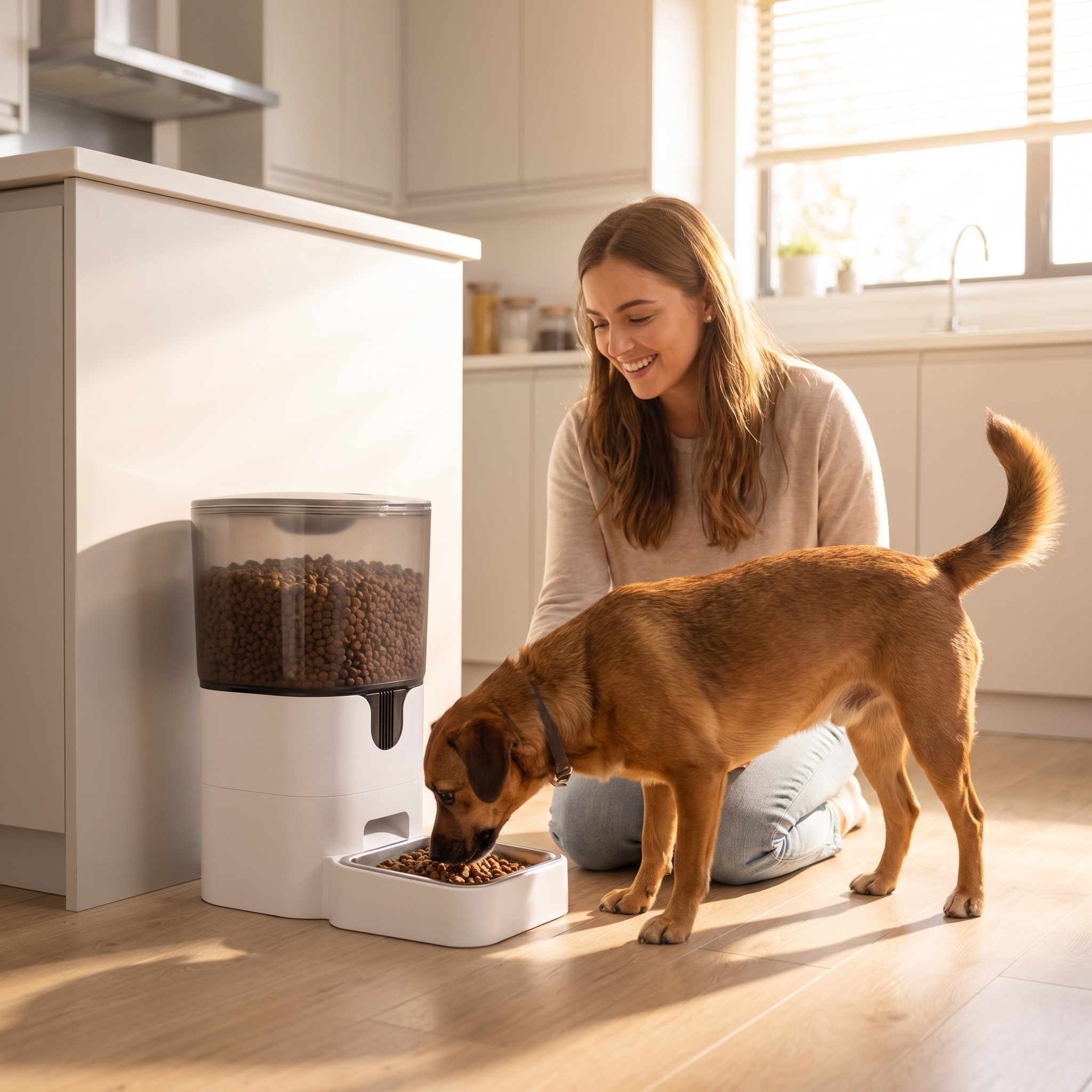 Woman with her dog eating a freshly dispensed meal from the Chef smart automatic dog feeder