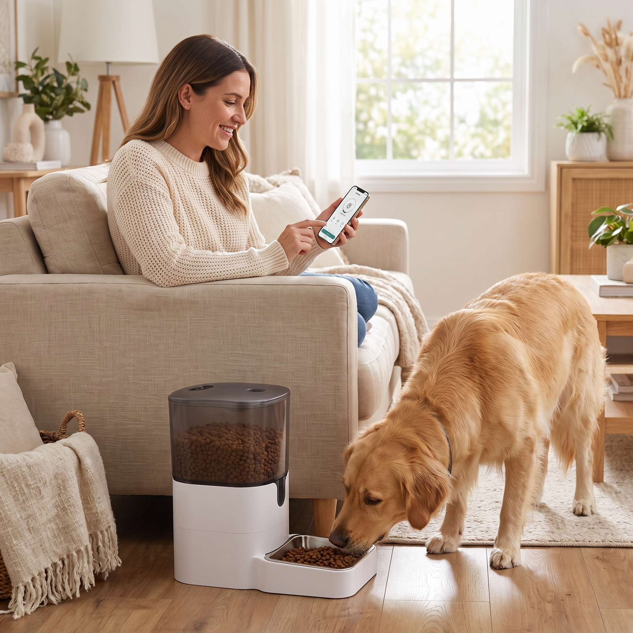 Woman using the feeding app while her dog eats from the Chef smart automatic dog feeder