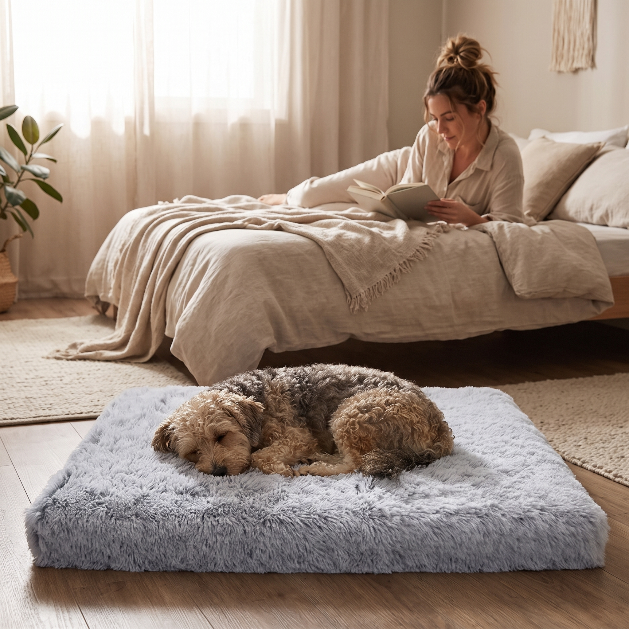 Small dog asleep on the flat Nook calming dog bed while a woman reads nearby