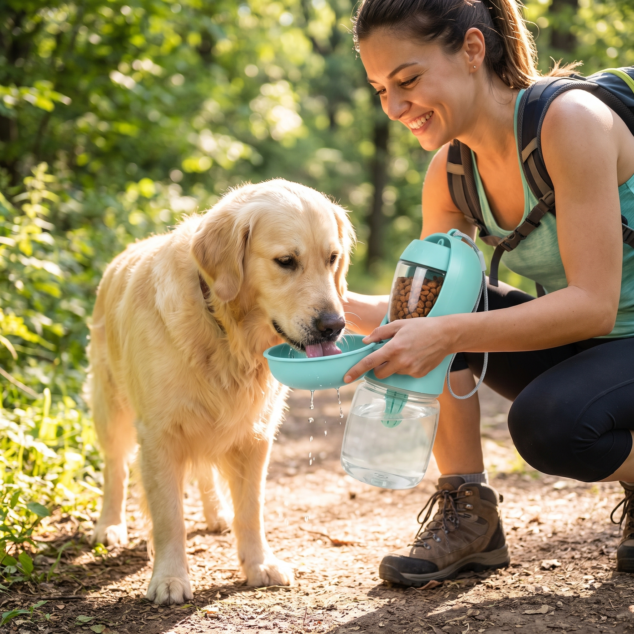 Woman giving her dog water from the Sip portable dog water bottle on a hiking trail