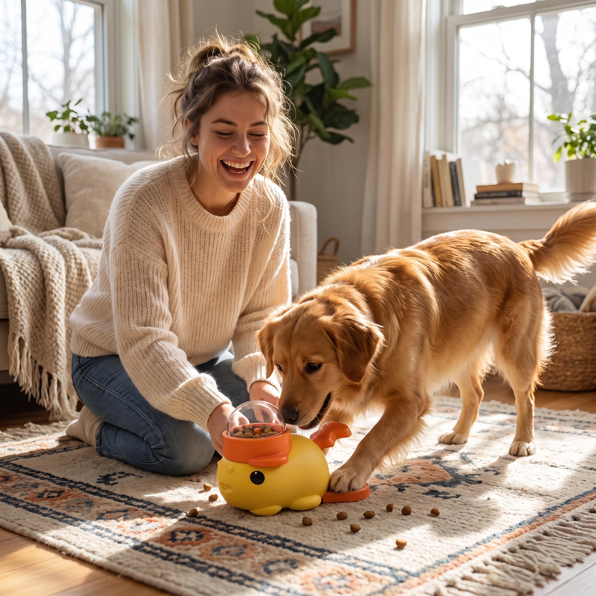 Woman and golden retriever playing with the yellow Dabble treat dispenser