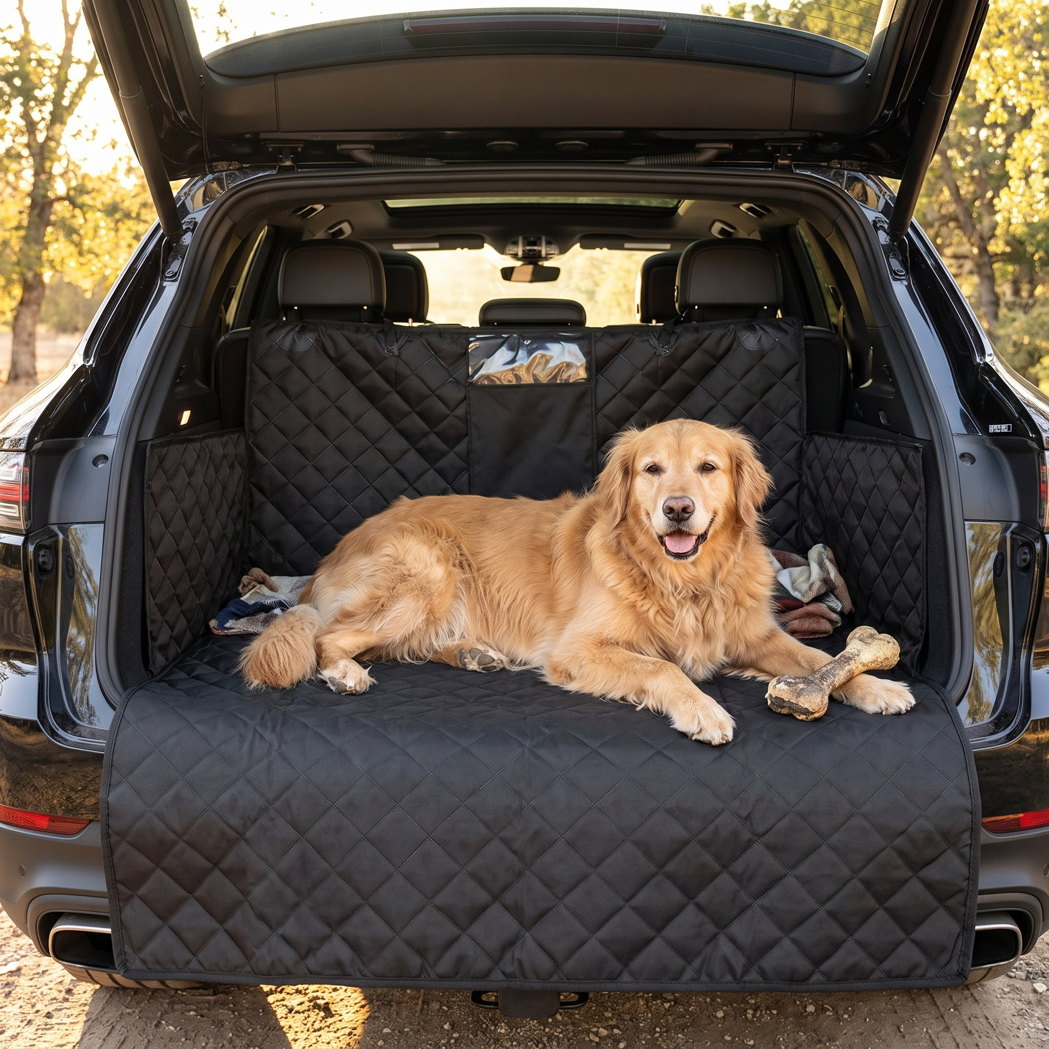 Dog resting on the Roadie waterproof SUV cargo liner