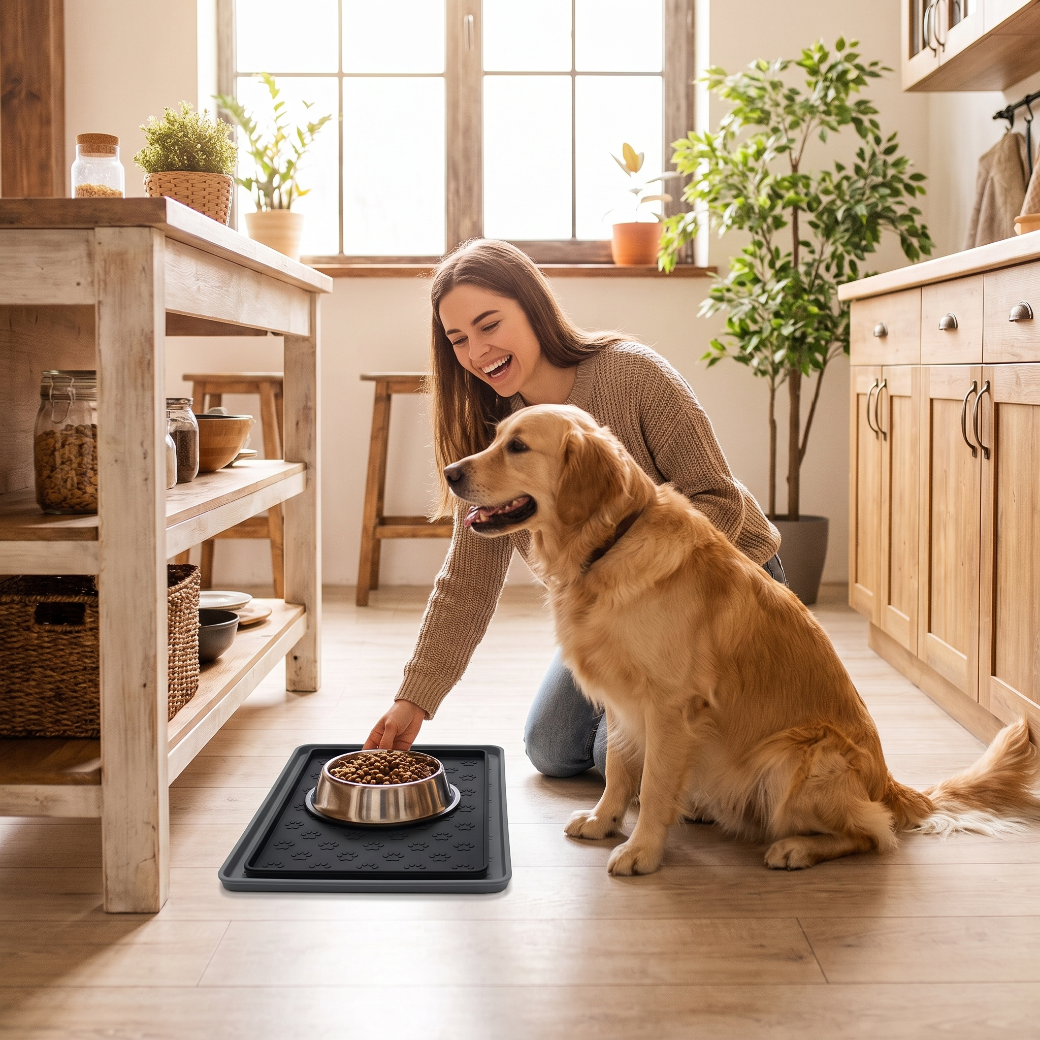 Woman setting a bowl on the grey Nosh feeding mat as her dog waits