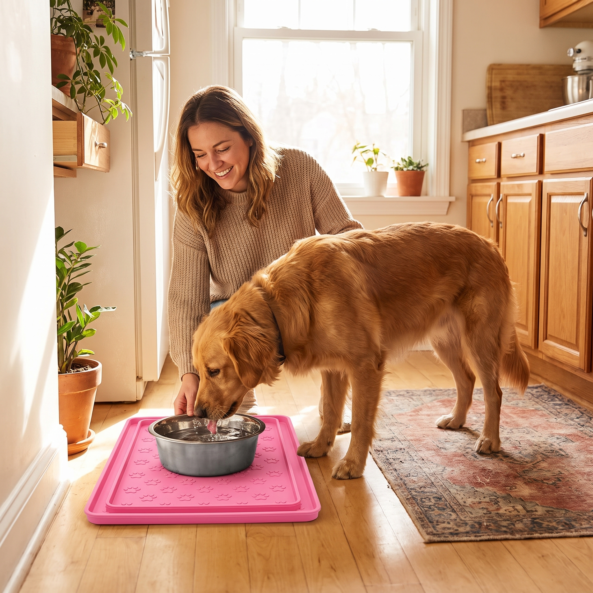 Woman and her dog at the pink Nosh feeding mat
