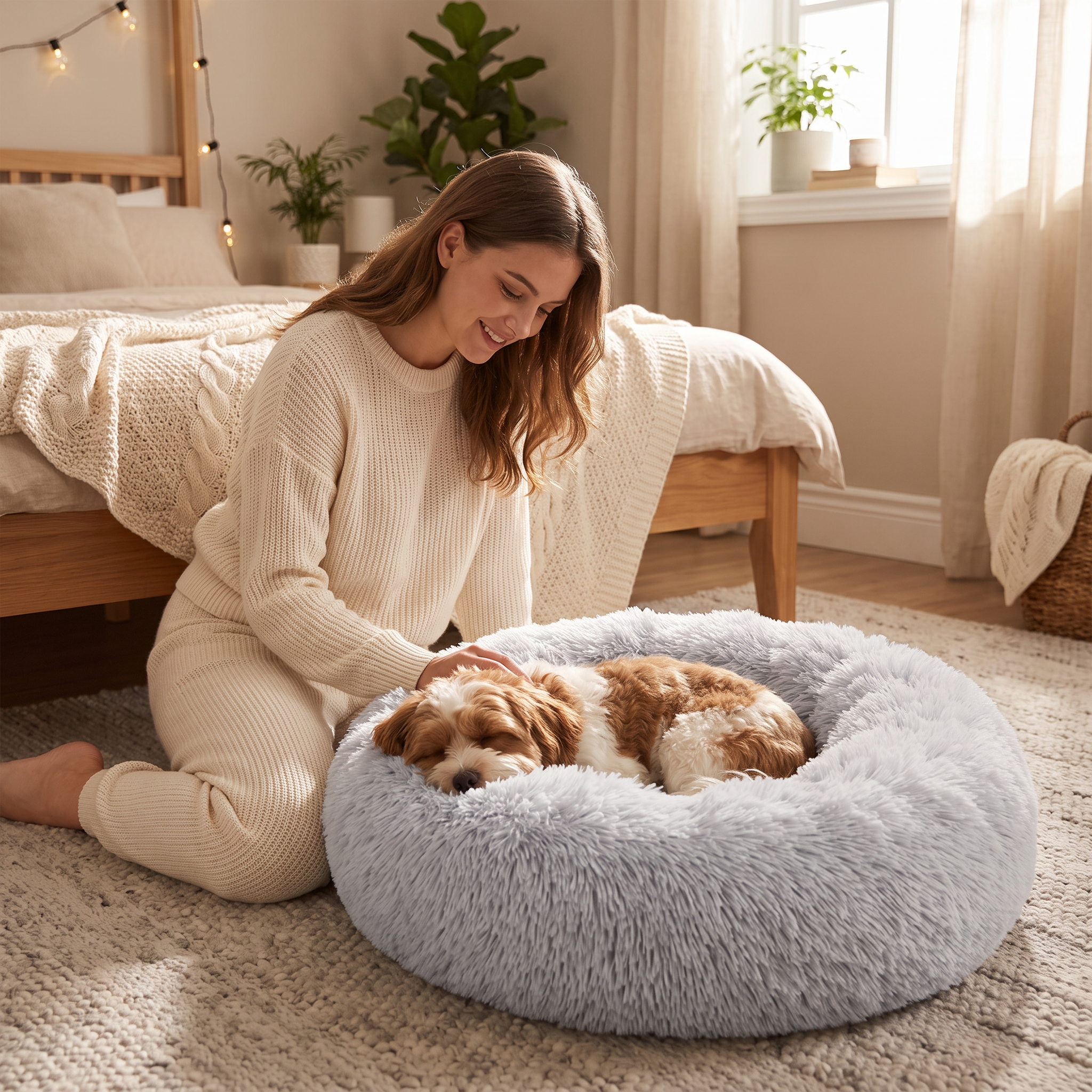 Woman with her dog curled asleep in the grey Cloud calming donut dog bed