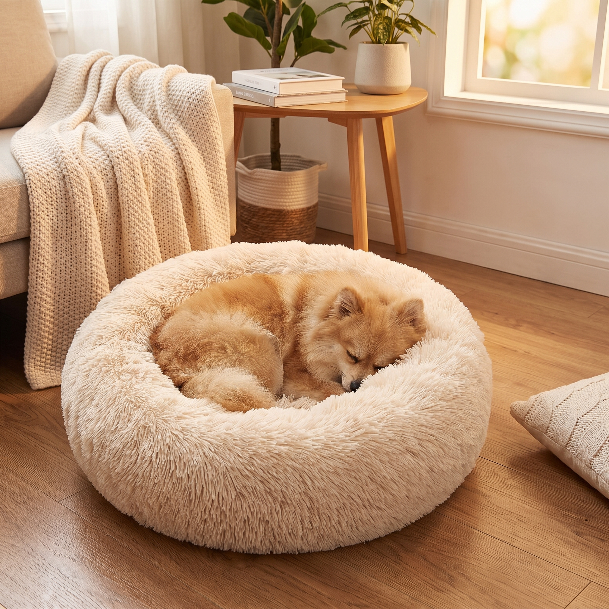 Dog curled up asleep in the beige Cloud calming donut dog bed