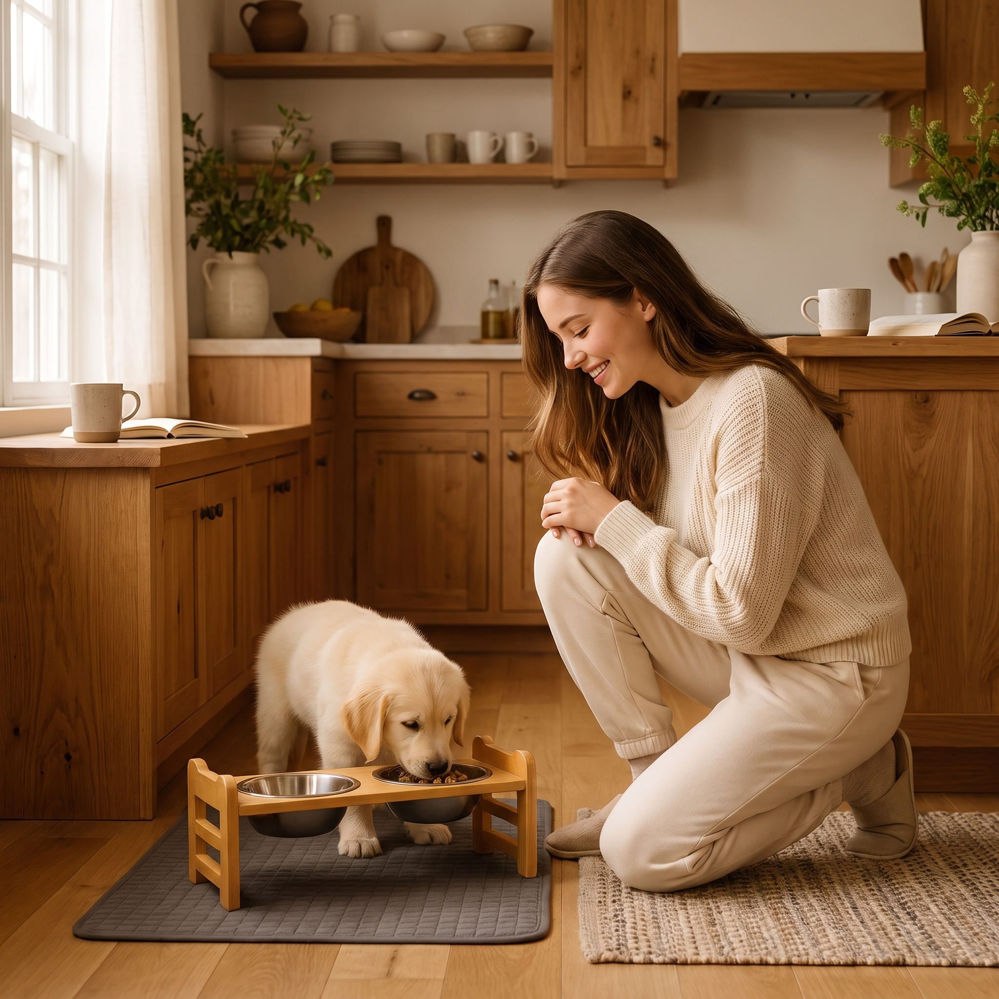 Woman with her dog eating from the Perch elevated bamboo dog feeder