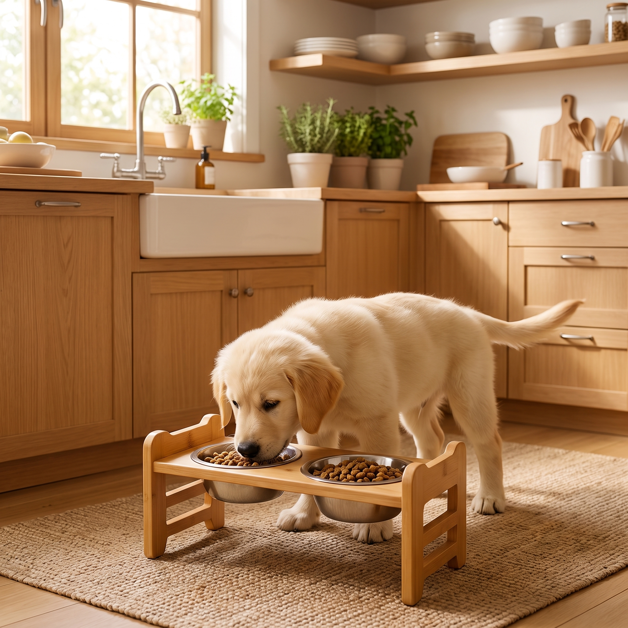 Dog eating from the Perch elevated bamboo dog feeder in a kitchen