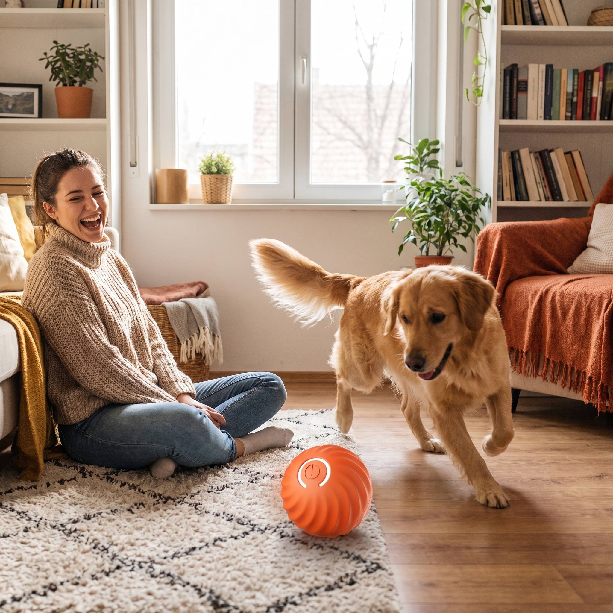 Woman watching her dog chase the orange Zoom automatic moving dog ball