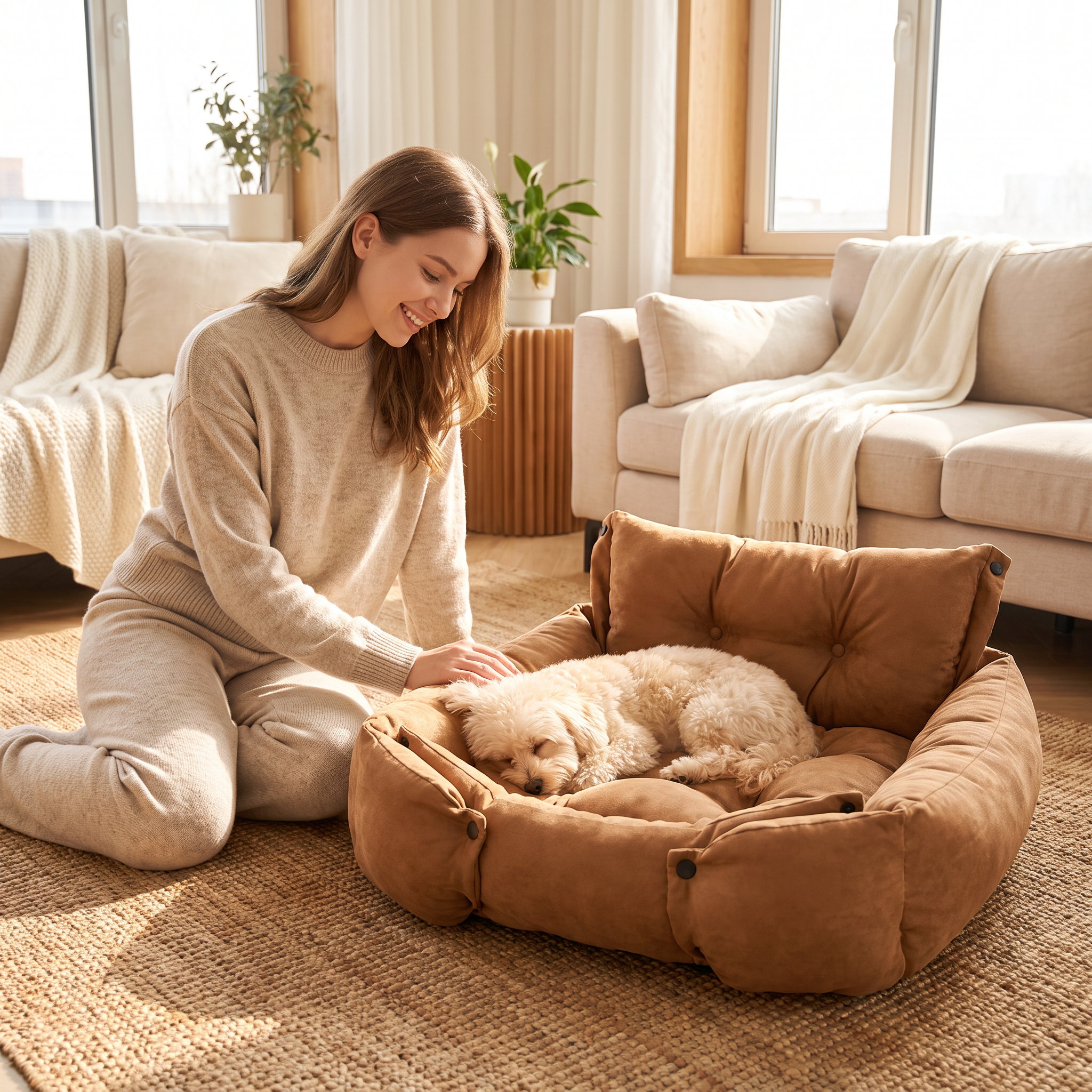 Woman relaxing with her dog in the Nuzzinel Trio dog bed