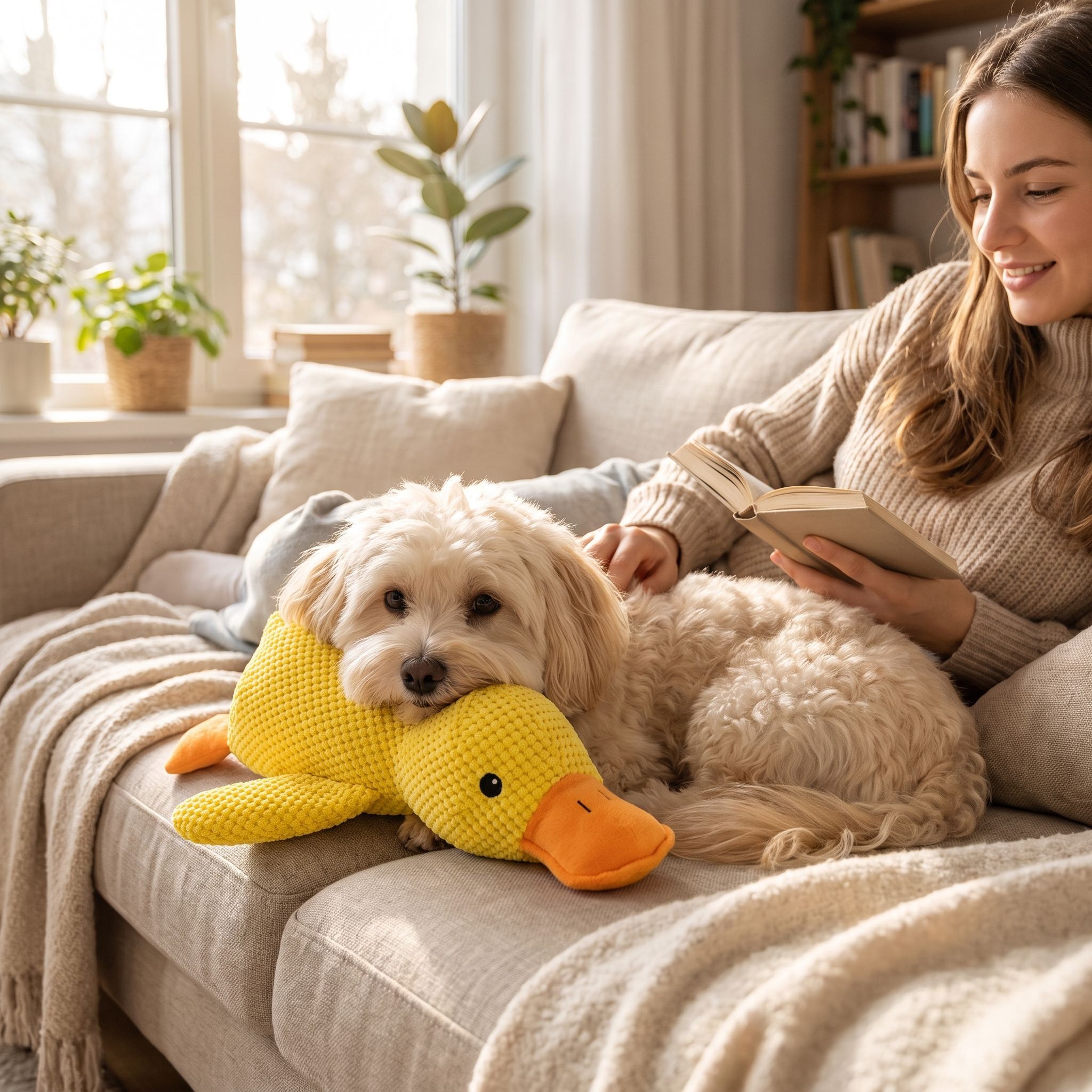Dog cuddling the Nuzzinel Quackers plush duck toy on the couch
