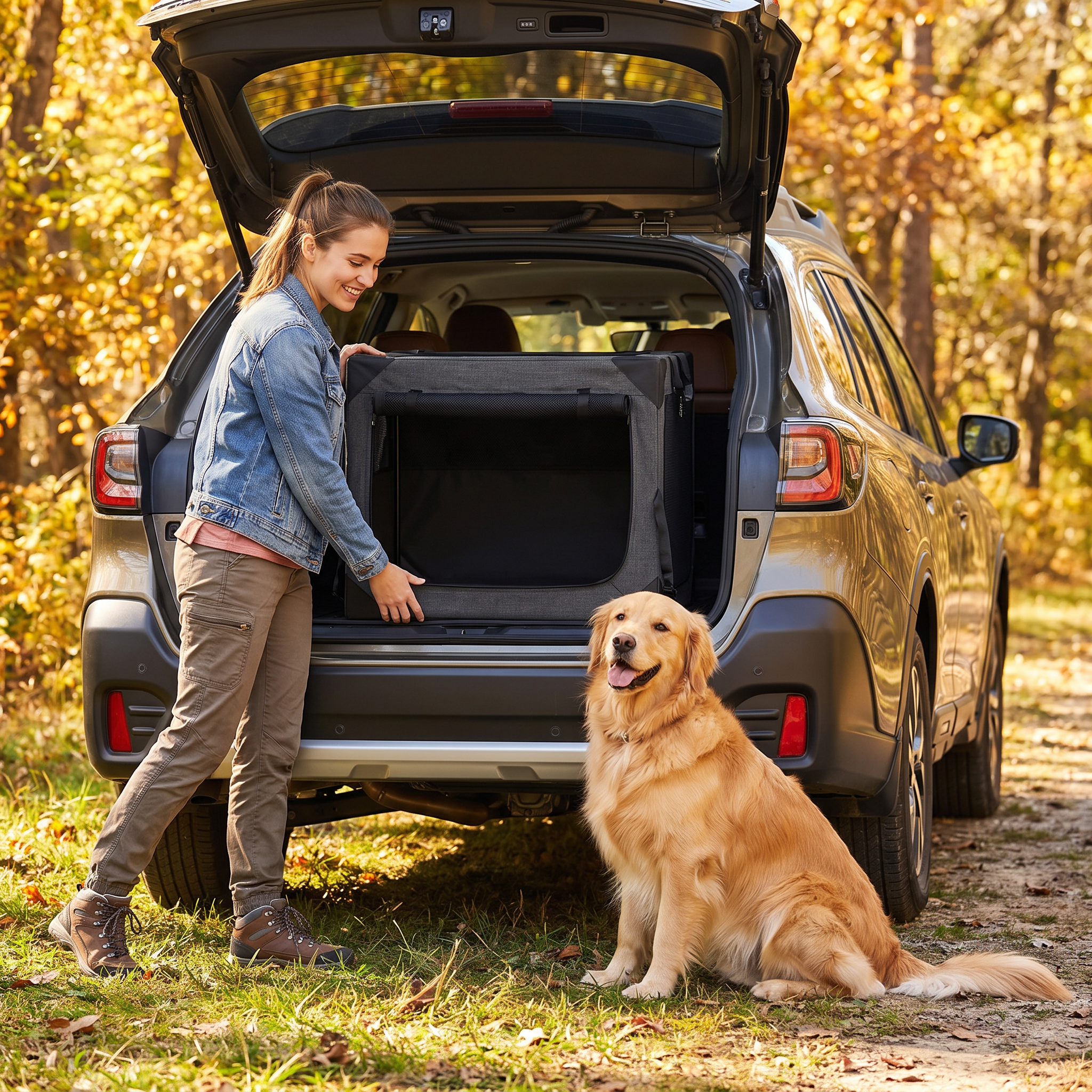 Woman loading the Nuzzinel Den travel crate into an SUV with her dog