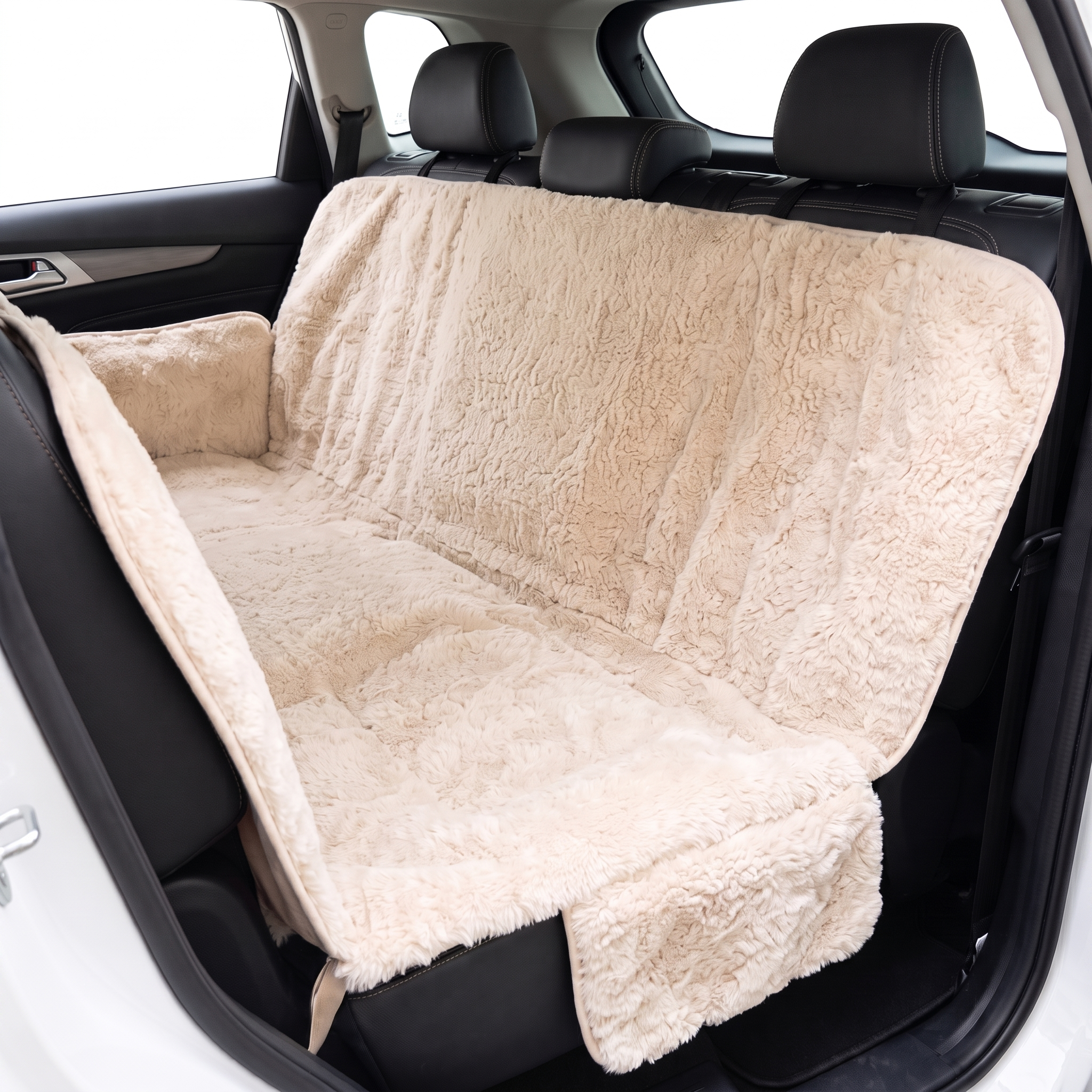 Nuzzinel Cabana faux-fur backseat car cover in beige