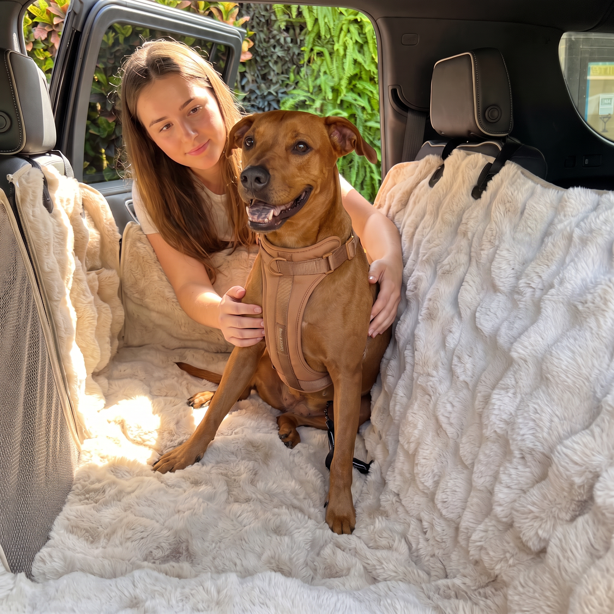 Woman with her dog on the Nuzzinel Cabana faux-fur car seat cover