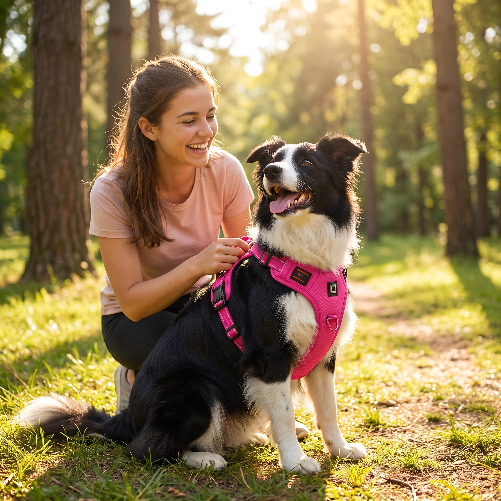 Woman adjusting the pink Nuzzinel Ivy no-pull harness on her dog