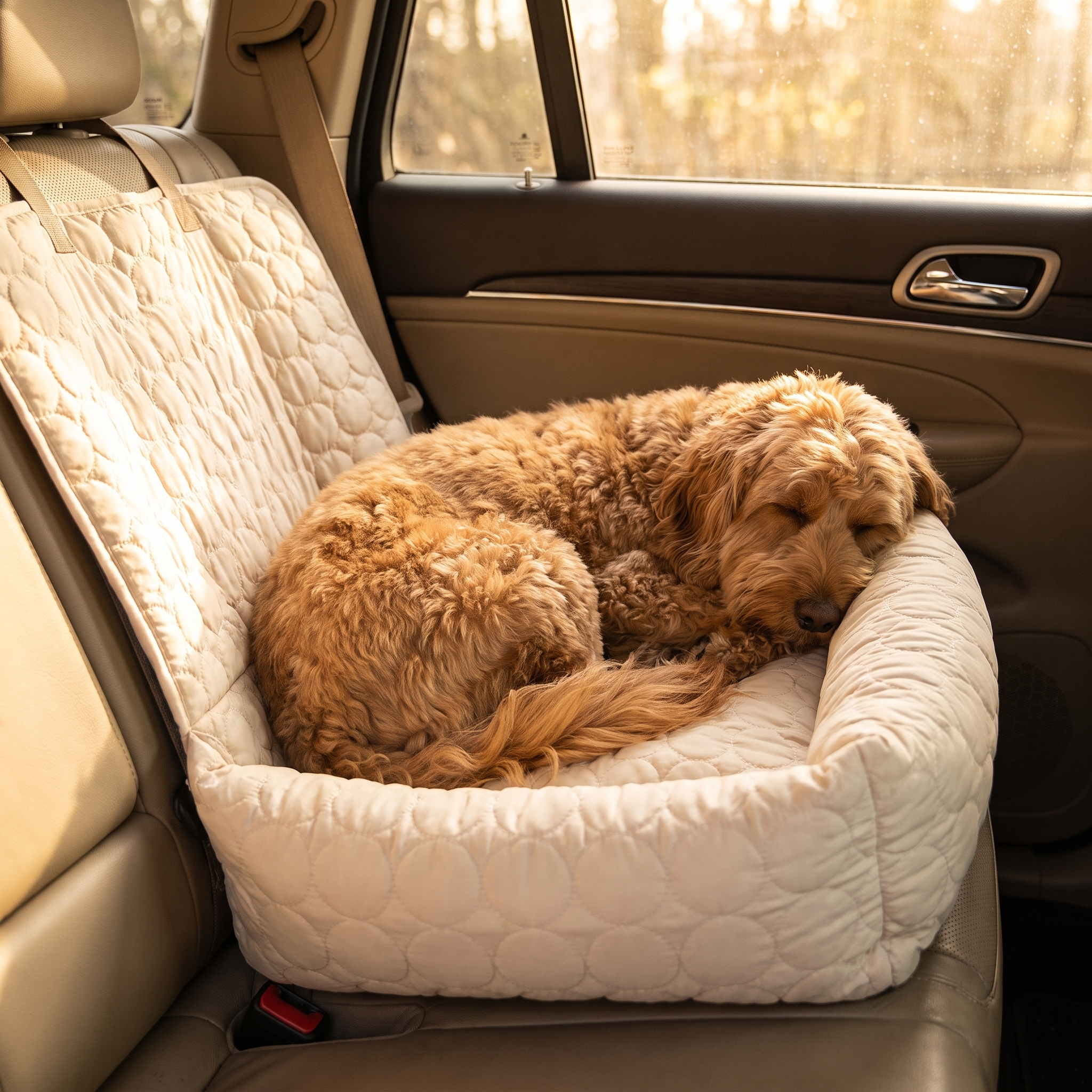 Fluffy dog resting cozily in the beige Nuzzinel Breeze cooling car bed