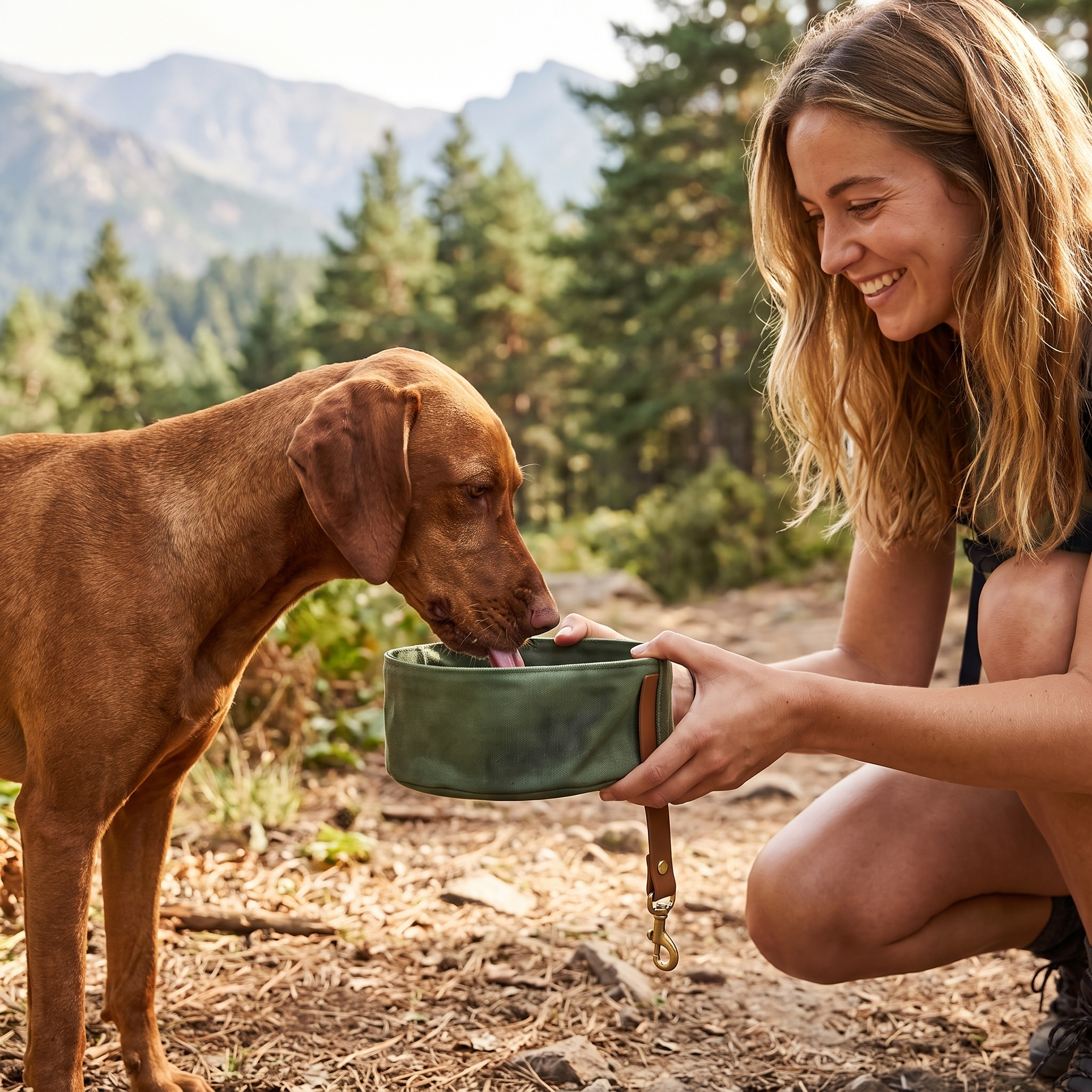 Woman giving her dog water from the green Nuzzinel Pebble travel bowl on a hike