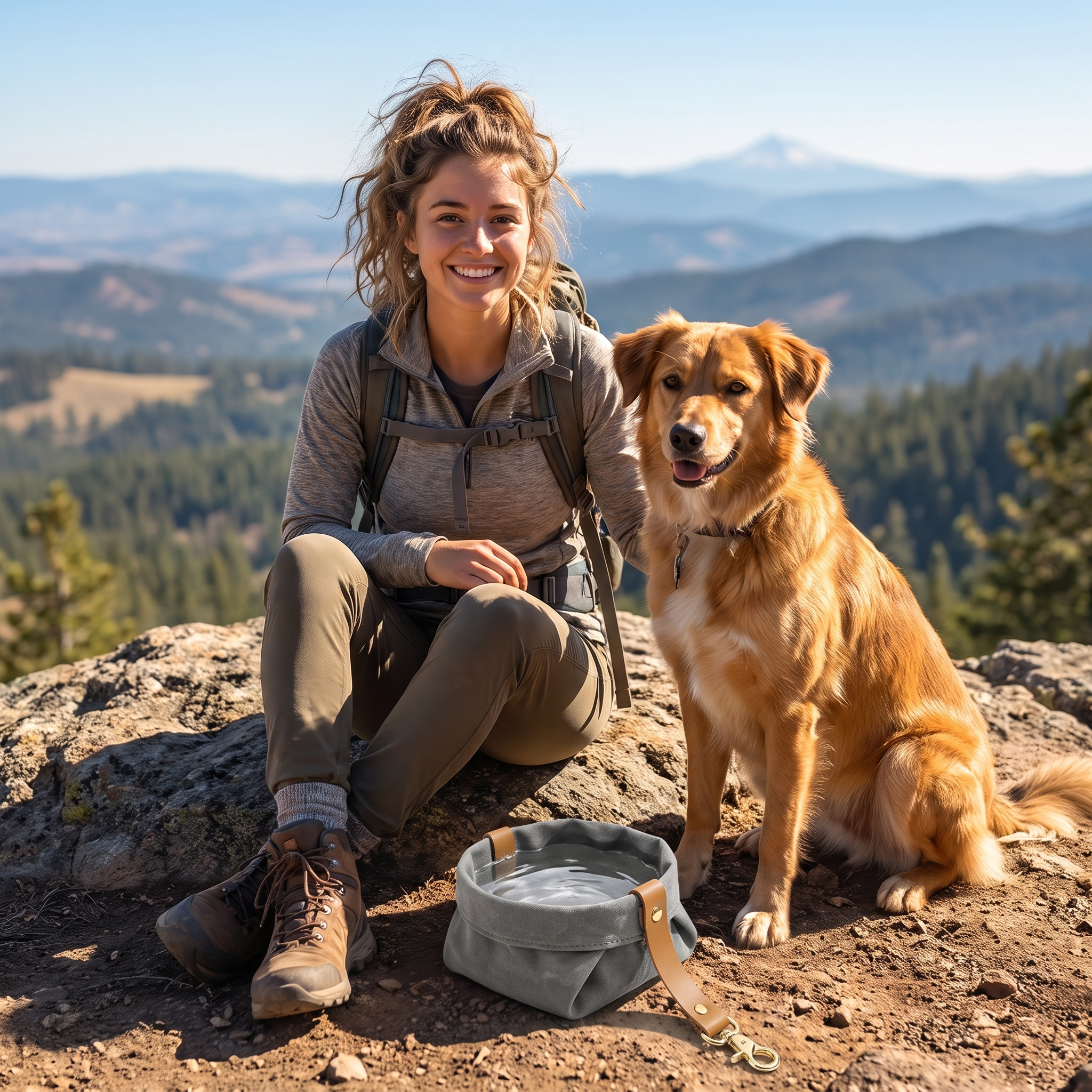 Woman resting with her dog and the grey Nuzzinel Pebble travel bowl at a scenic overlook