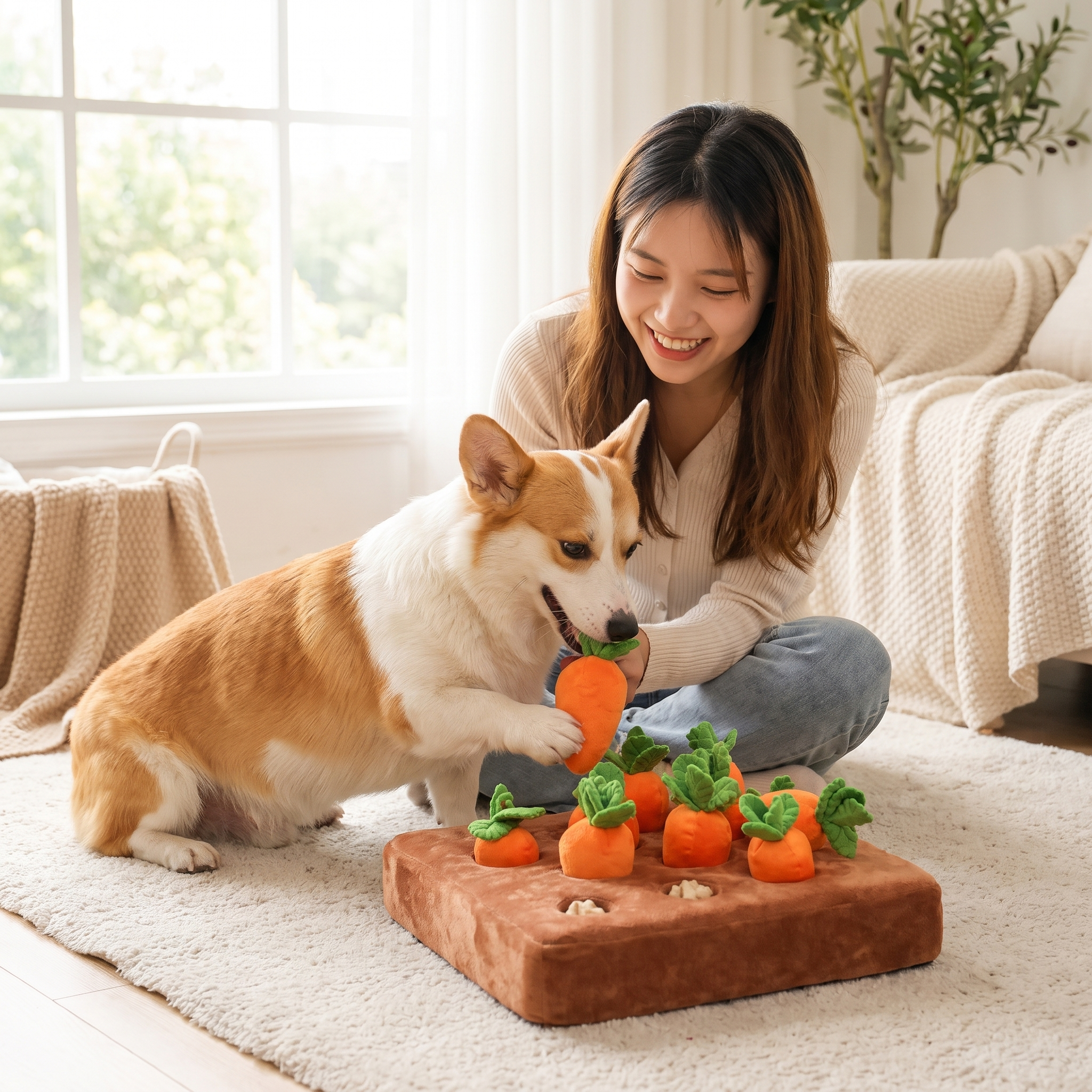 Woman watching her dog forage a carrot from the Nuzzinel Sprout snuffle toy