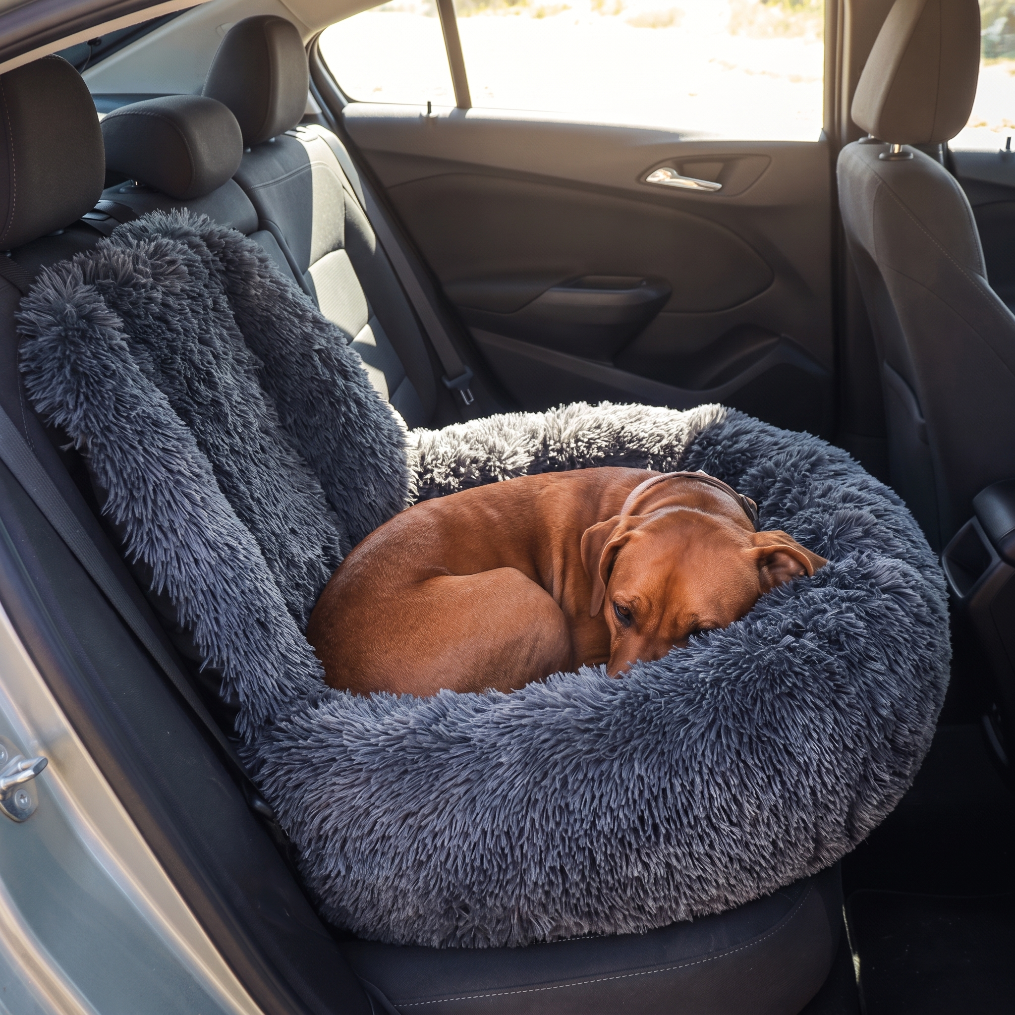 Dog napping in the dark gray Nuzzinel Burrow plush car bed on a car seat