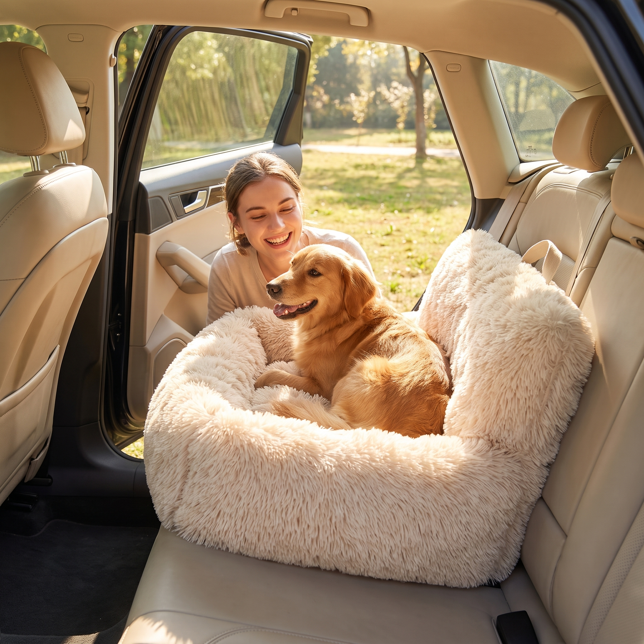 Woman with her golden retriever in the beige Nuzzinel Burrow plush car bed