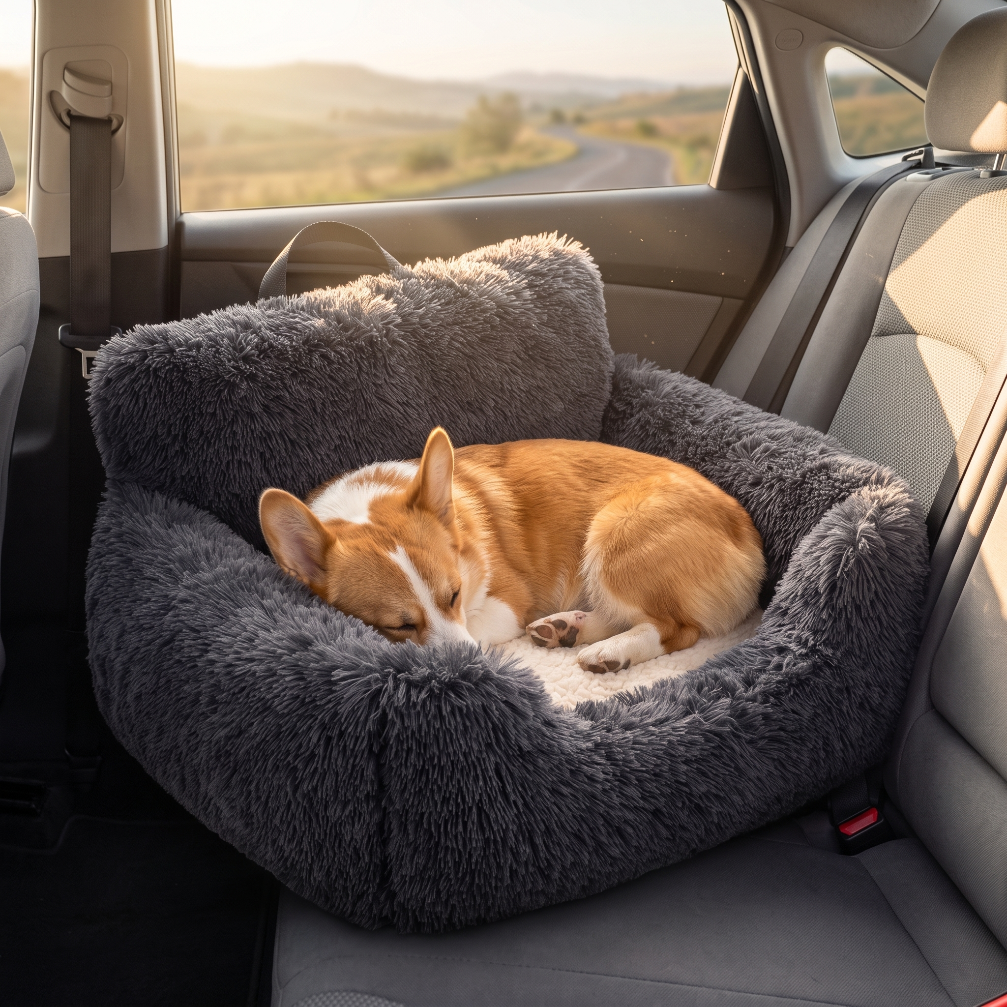 Corgi curled up asleep in the dark gray Nuzzinel Burrow plush car bed on a road trip