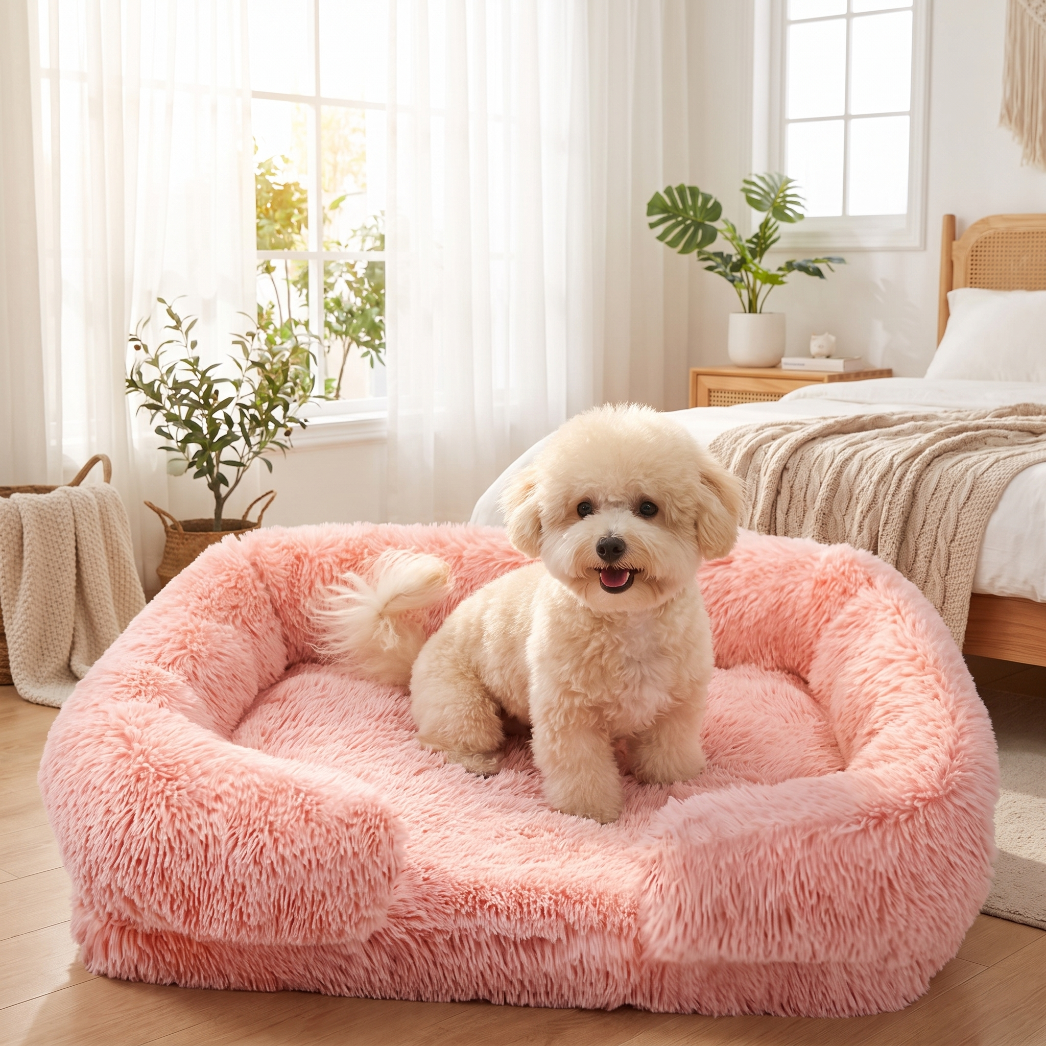 Small fluffy dog sitting on the light pink Nuzzinel Biscuit calming sofa dog bed