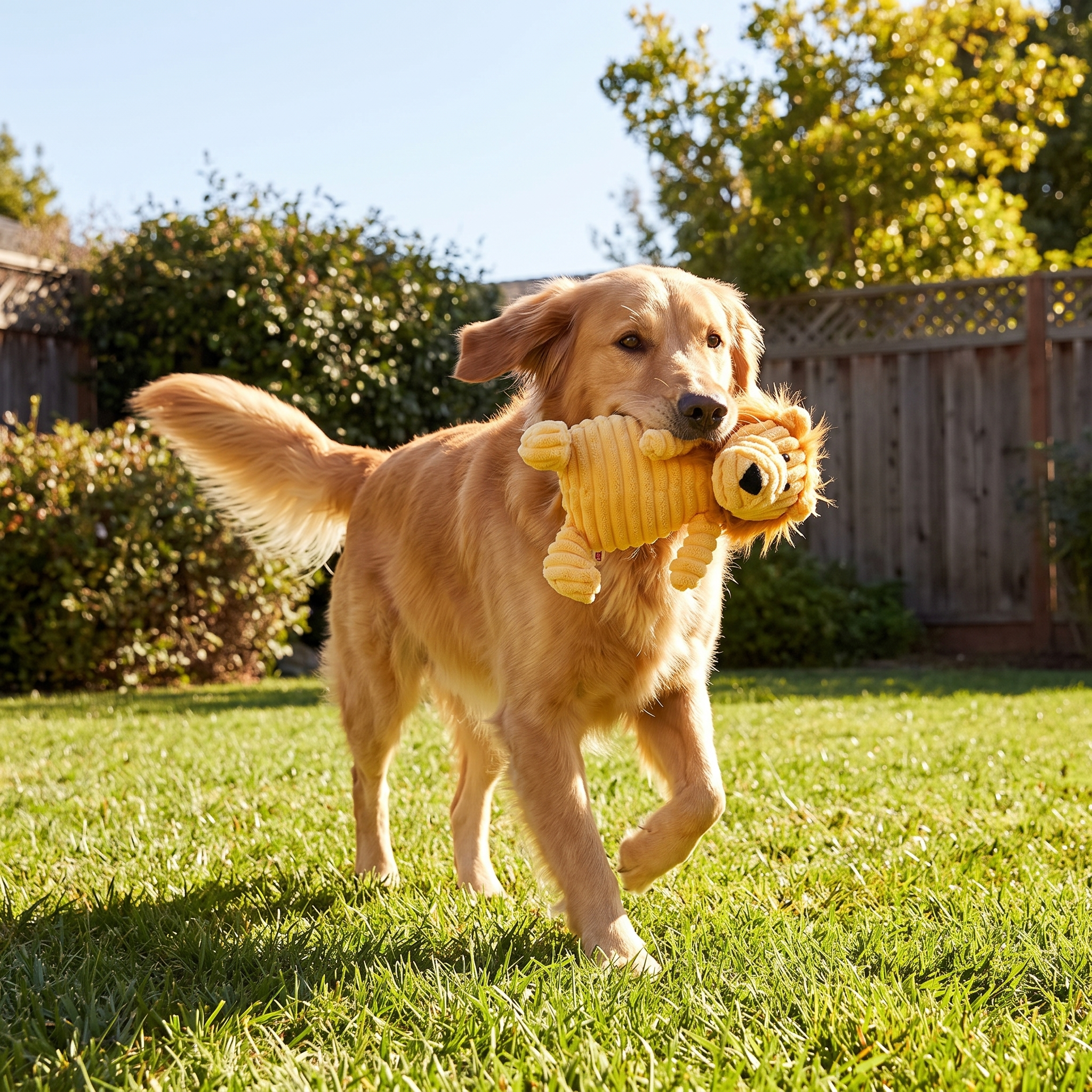 Dog carrying the Cordy corduroy lion squeaky dog toy in the backyard
