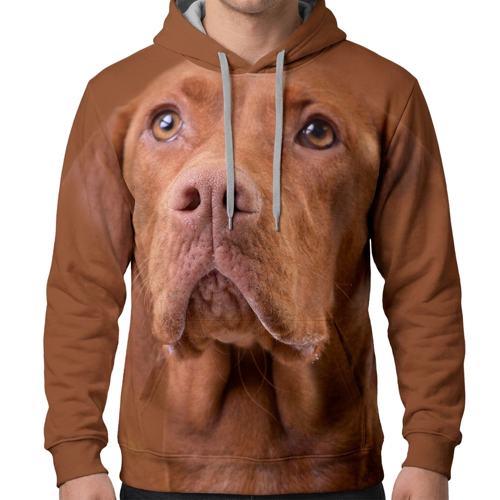Close-up of the all-over Vizsla print on the hoodie