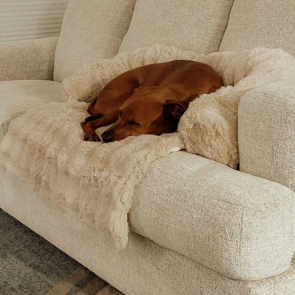 Beige plush faux-fur sofa dog bed with a dog resting on a couch
