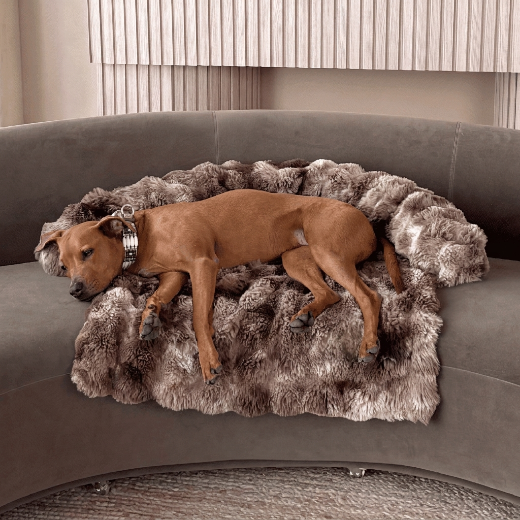 Latte Swirl plush faux-fur sofa dog bed with a dog resting on a couch