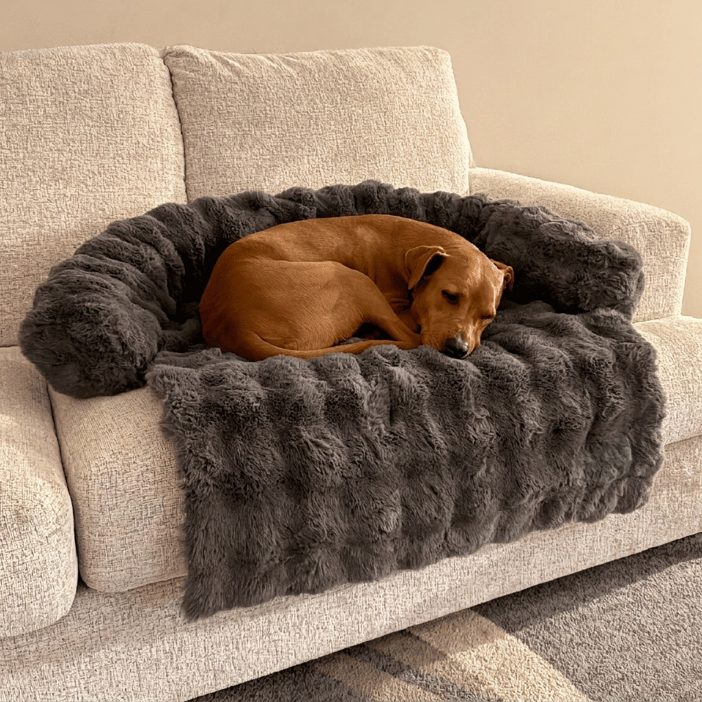 Gray plush faux-fur sofa dog bed with a dog resting on a couch