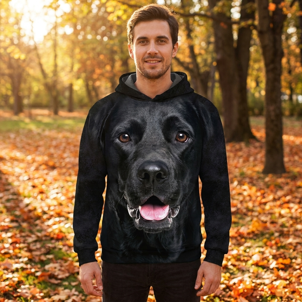 Man wearing the black Labrador all-over-print hoodie at the park